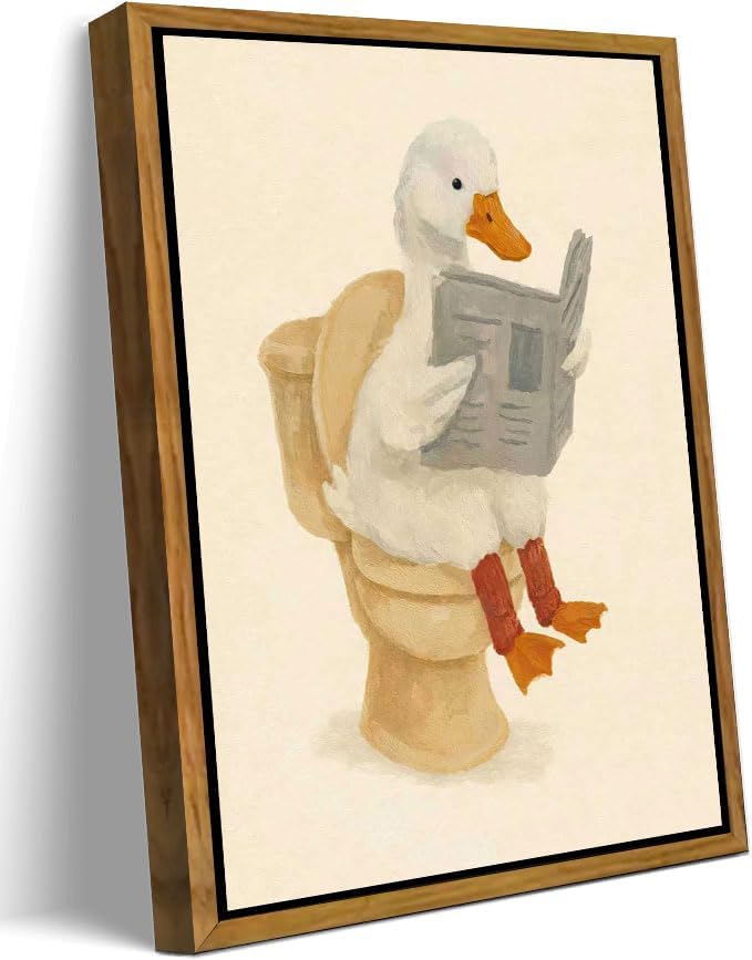Funny Bathroom Wall Art: Goose Reading Newspaper Framed Canvas Print (8x10in)