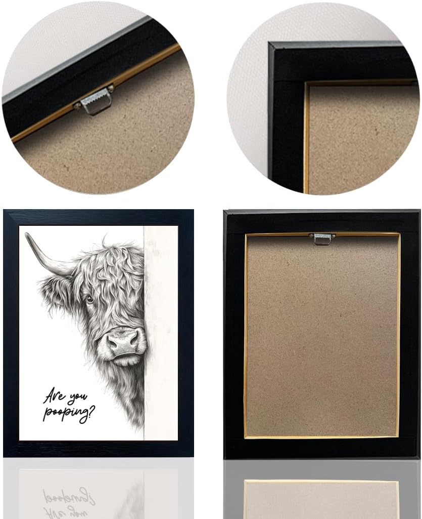 Rustic Funny Highland Cow Bathroom Wall Art - Humorous 'Are You Pooping?' Canvas Print with Black Frame (8x10)