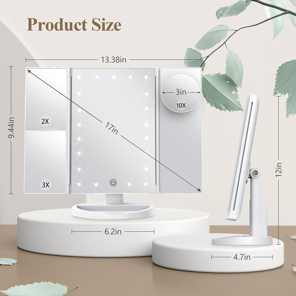 HUONUL Lighted Makeup Mirror - 2X/3X/10X Magnification, Trifold, Dual Power