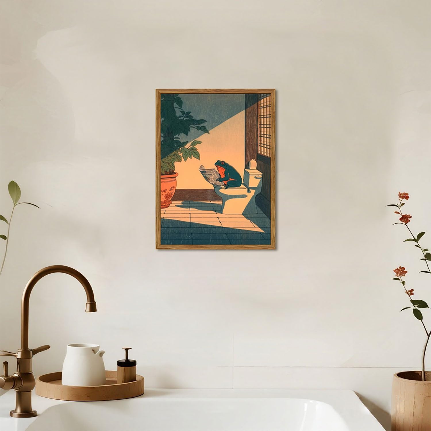 YYNISPIN Funny Frog Bathroom Wall Art - Cute Japanese Frog on Toilet Decor, 12x16 Framed Canvas Print
