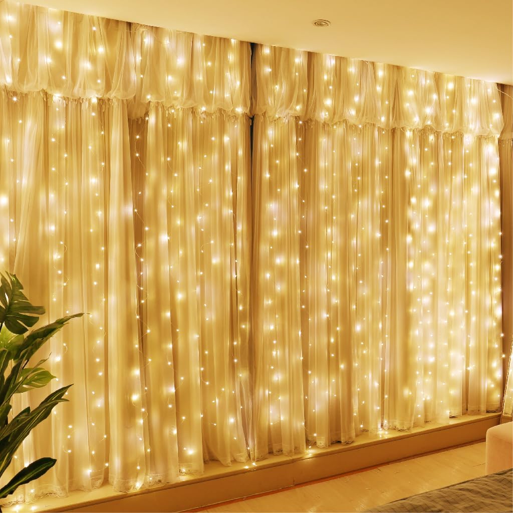 HXWEIYE 300 LED USB Fairy Curtain Lights - 9.8x9.8ft 8 Modes Remote for Bedroom Wedding Decor