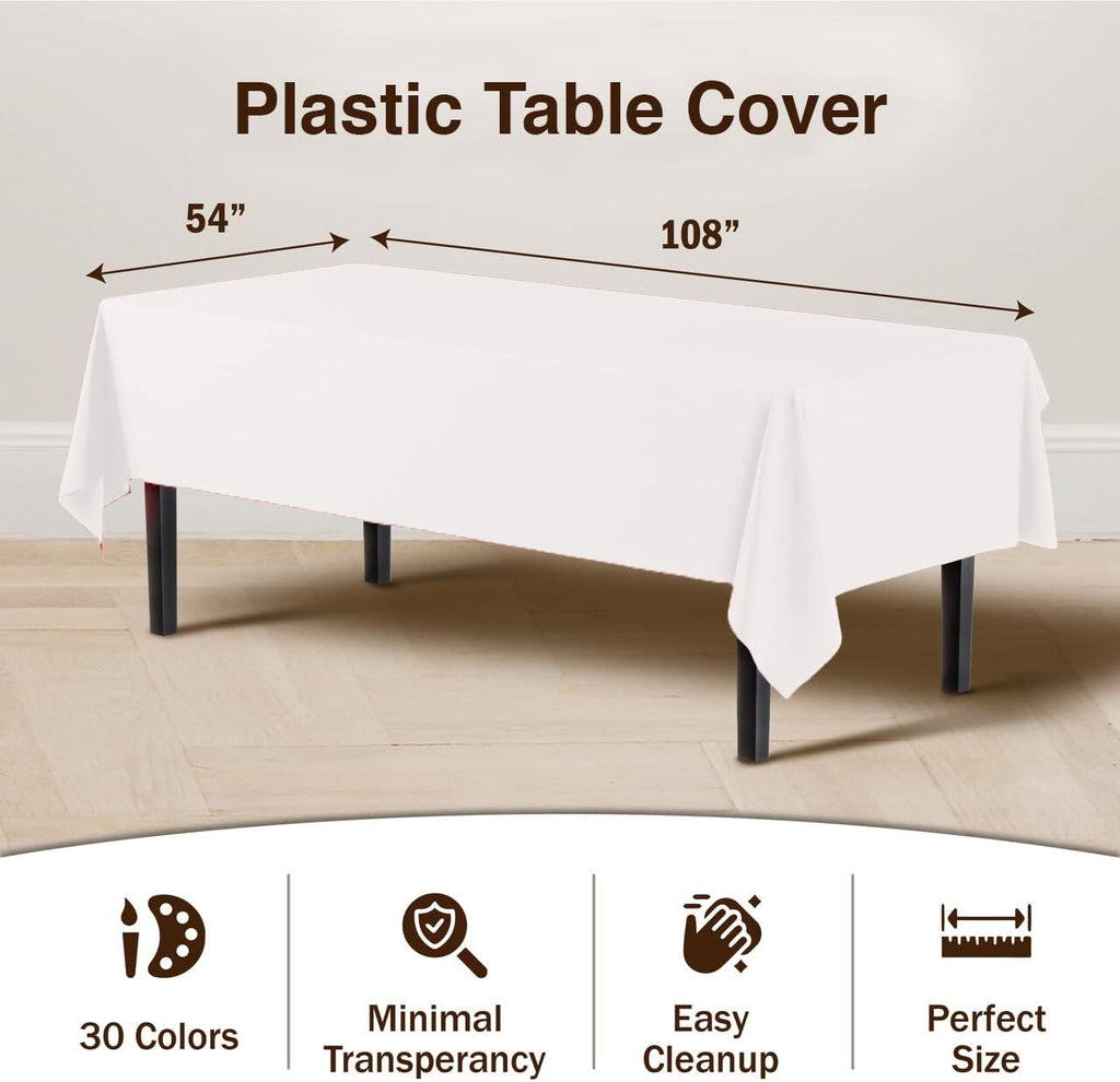 Party Solids White Plastic Tablecloth 6-Pack - 54in x 108in Rectangle (Heavy-Duty Disposable)