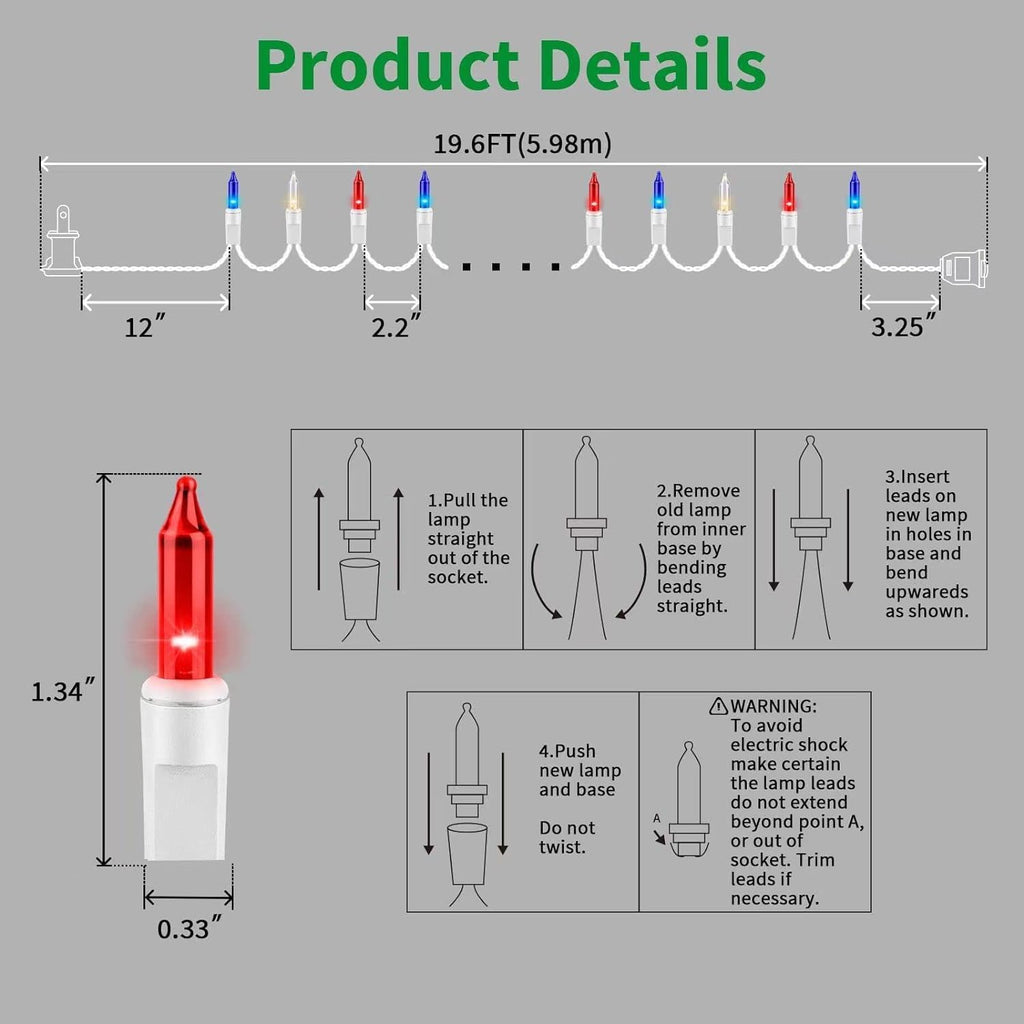 LAMPHOME 100-Count Red White Blue Patriotic String Lights - 19.6ft Waterproof 4th of July Decor