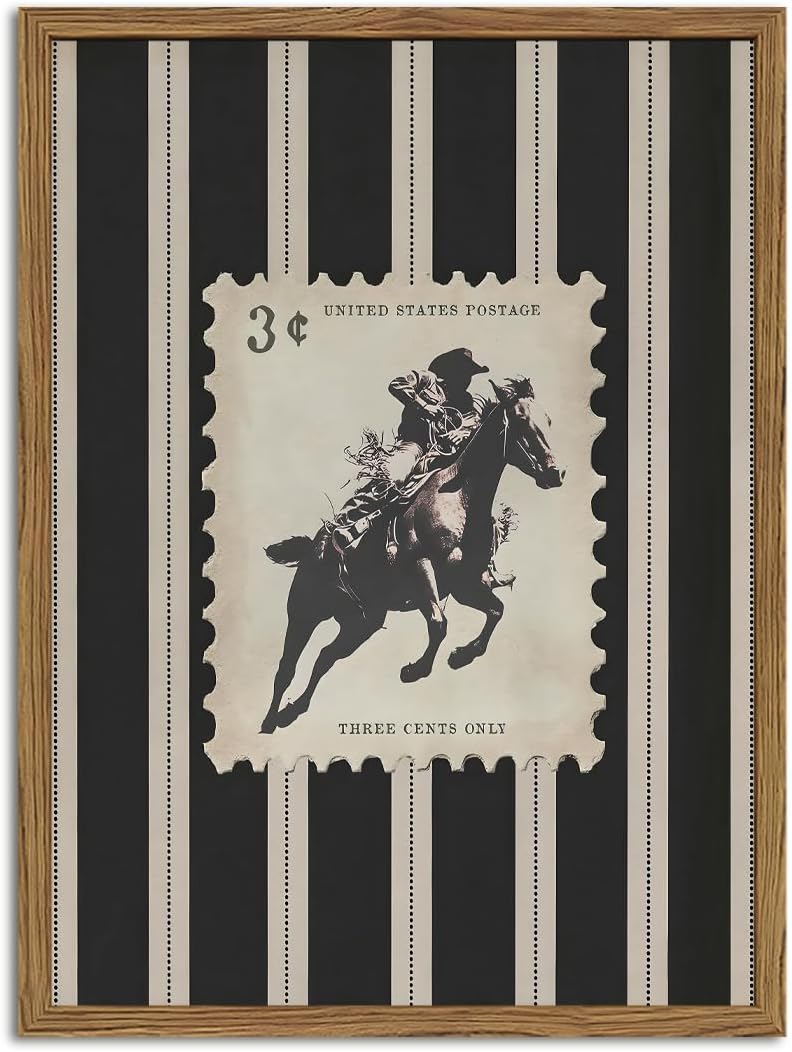 Vintage Western Cowboy Wall Art - Black & White Striped Framed Canvas Print (12x16)