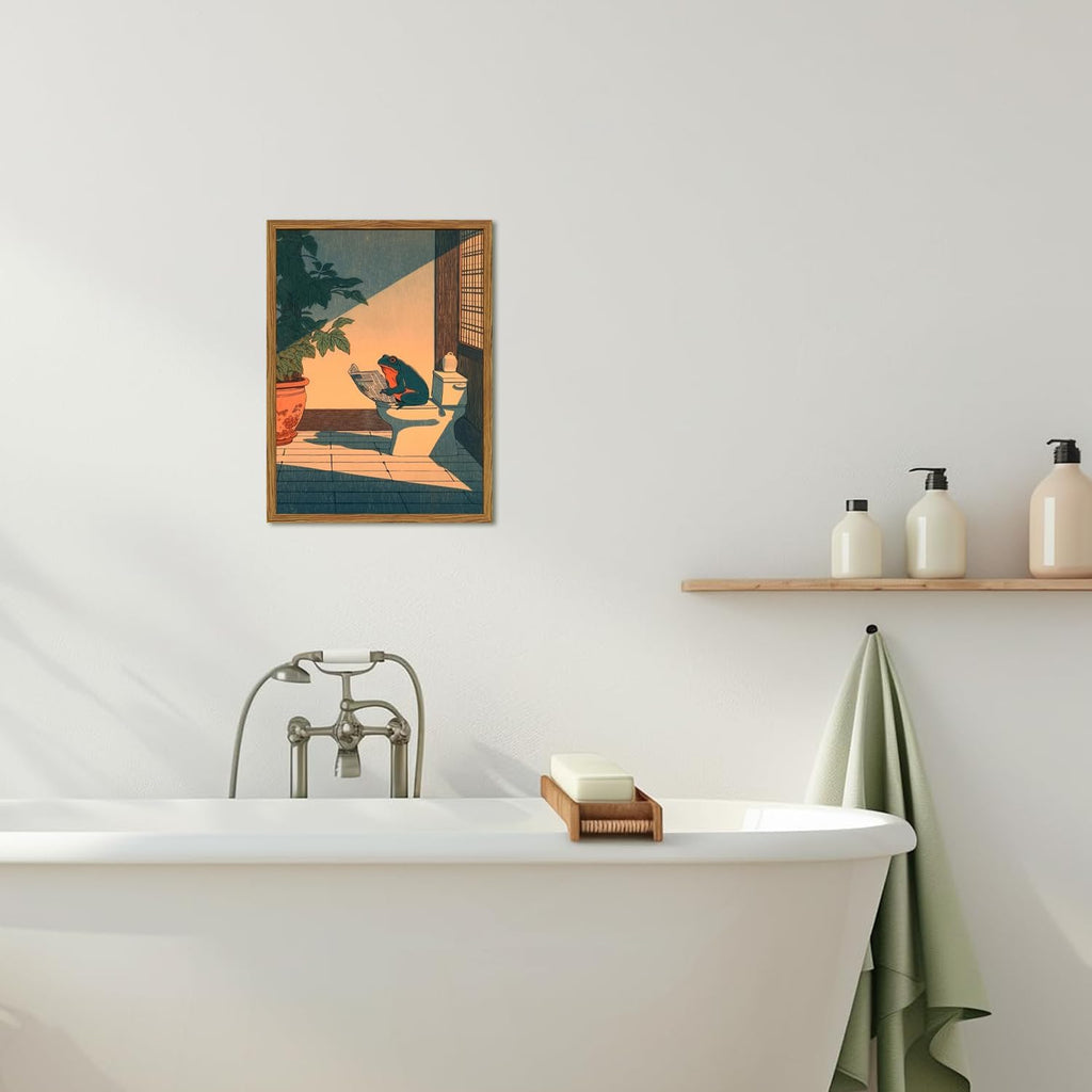 YYNISPIN Funny Frog Bathroom Wall Art - Cute Japanese Frog on Toilet Decor, 12x16 Framed Canvas Print