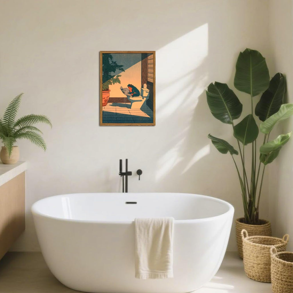 YYNISPIN Funny Frog Bathroom Wall Art - Cute Japanese Frog on Toilet Decor, 12x16 Framed Canvas Print