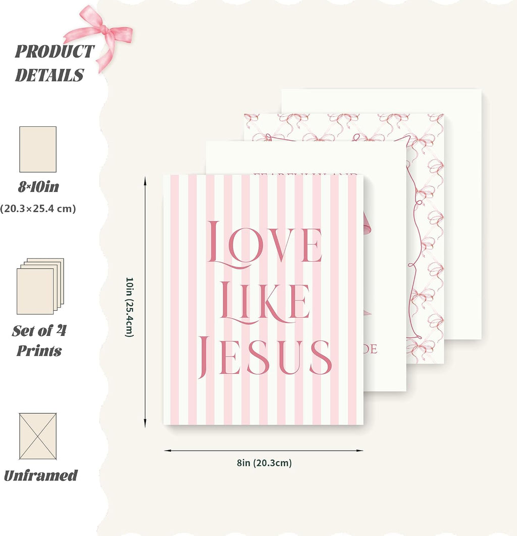 LARTSFRO Pink Bow Jesus Wall Art for Teen Girls - Set of 4 Unframed 8x10 Prints