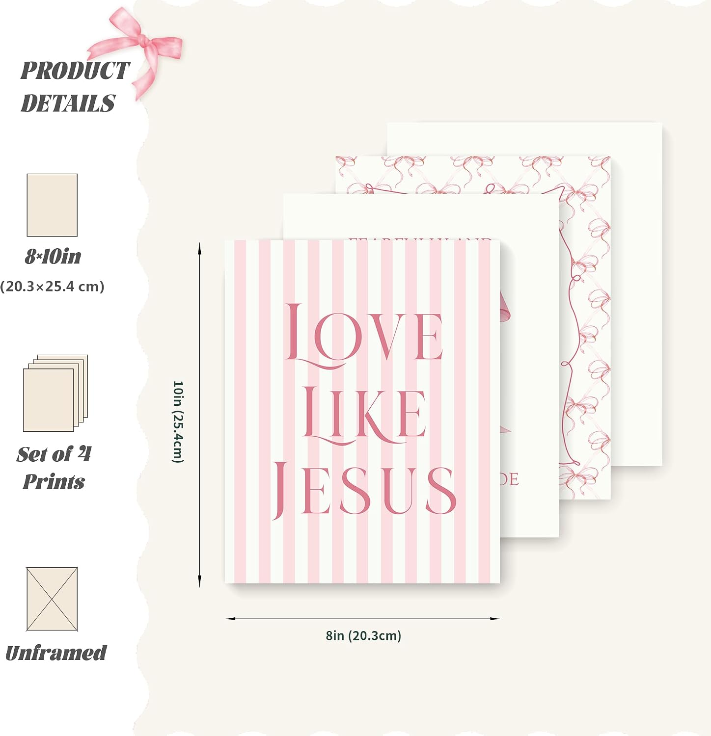 LARTSFRO Pink Bow Jesus Wall Art for Teen Girls - Set of 4 Unframed 8x10 Prints