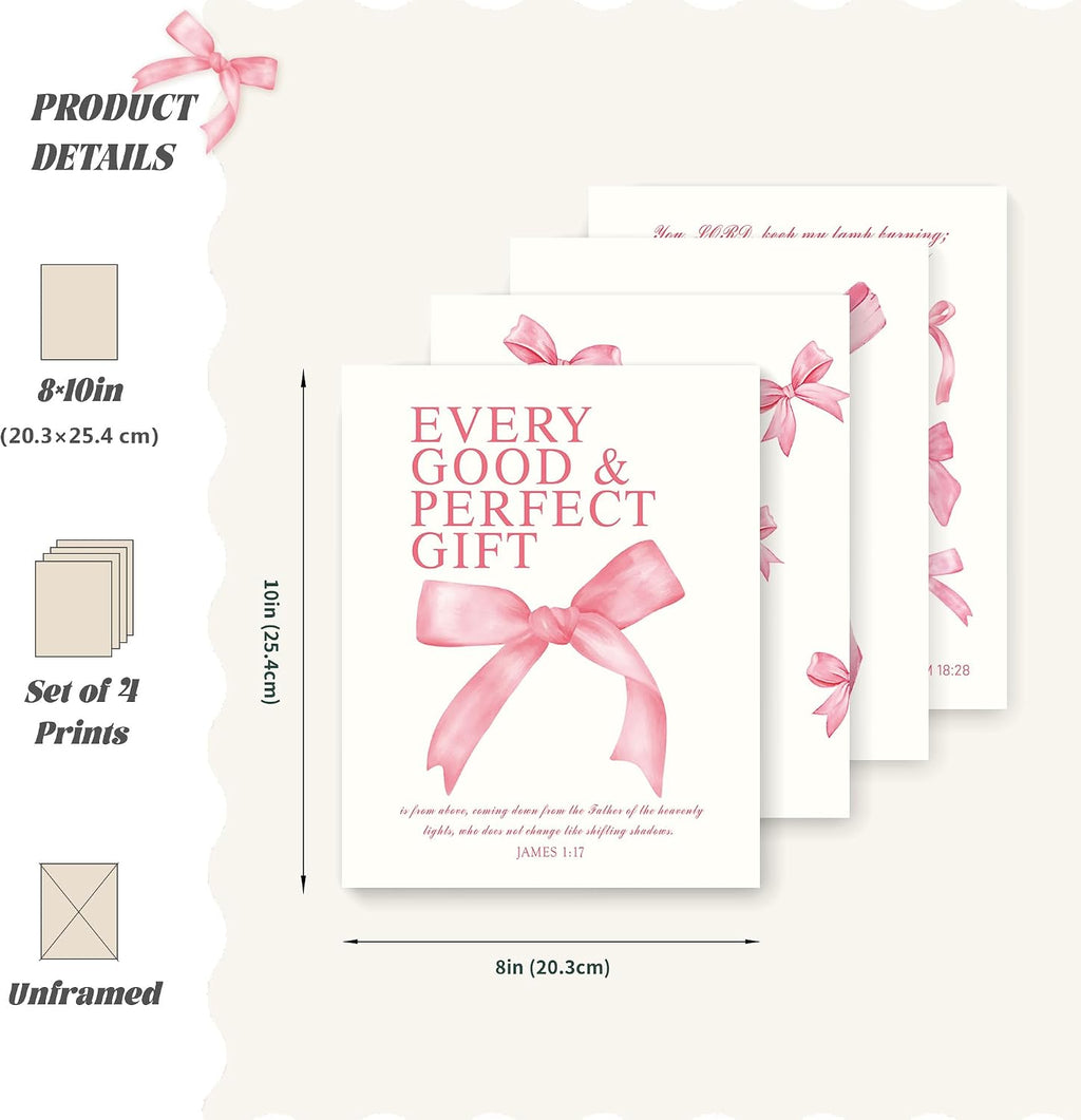 LARTSFRO Pink Bow Christian Wall Art Set - 8x10 Inch Unframed Prints for Girls Room Decor