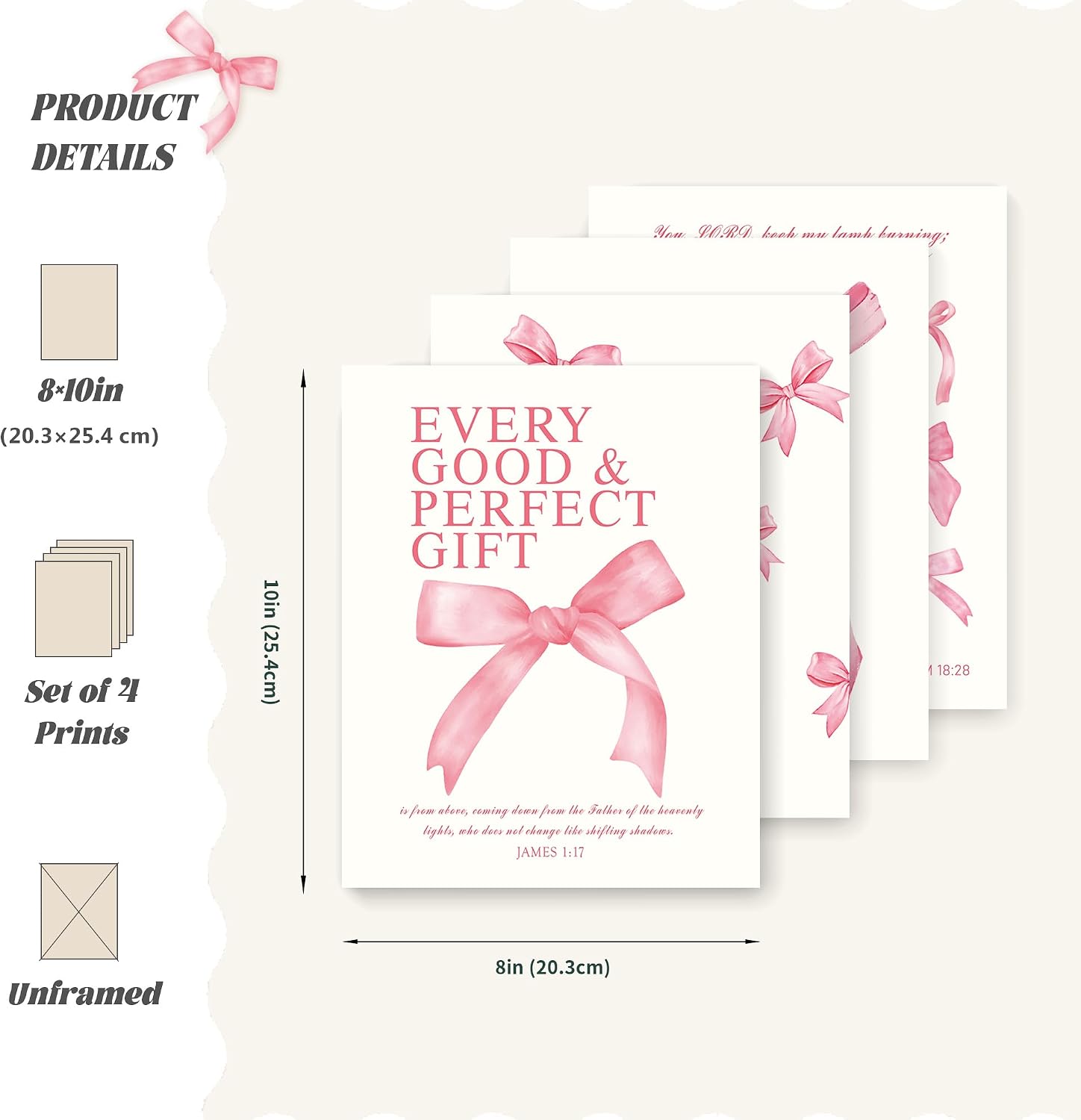 LARTSFRO Pink Bow Christian Wall Art Set - 8x10 Inch Unframed Prints for Girls Room Decor