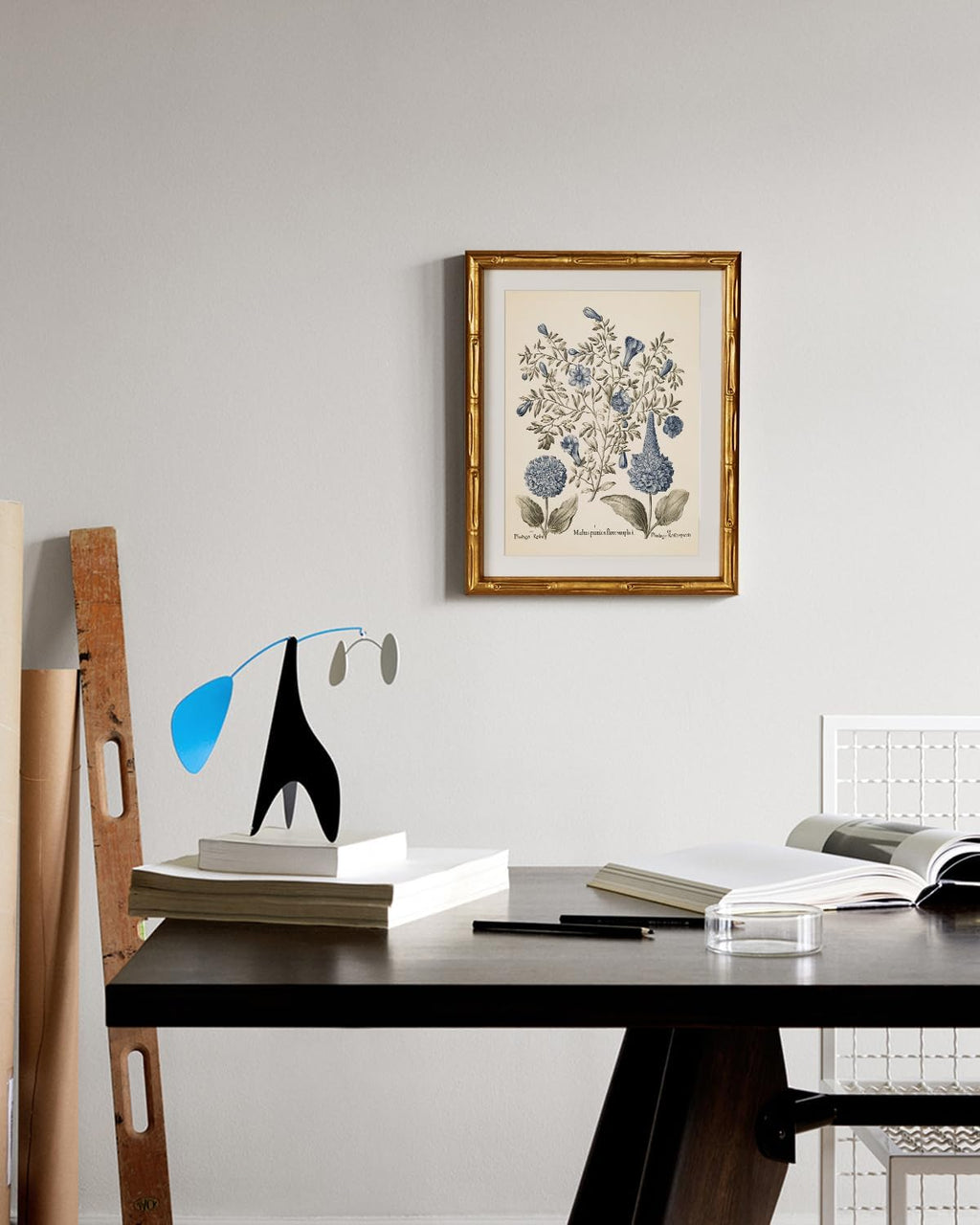 InSimSea Vintage Blue Hydrangea Framed Canvas Wall Art - Gold Bamboo Frame, 11x14in