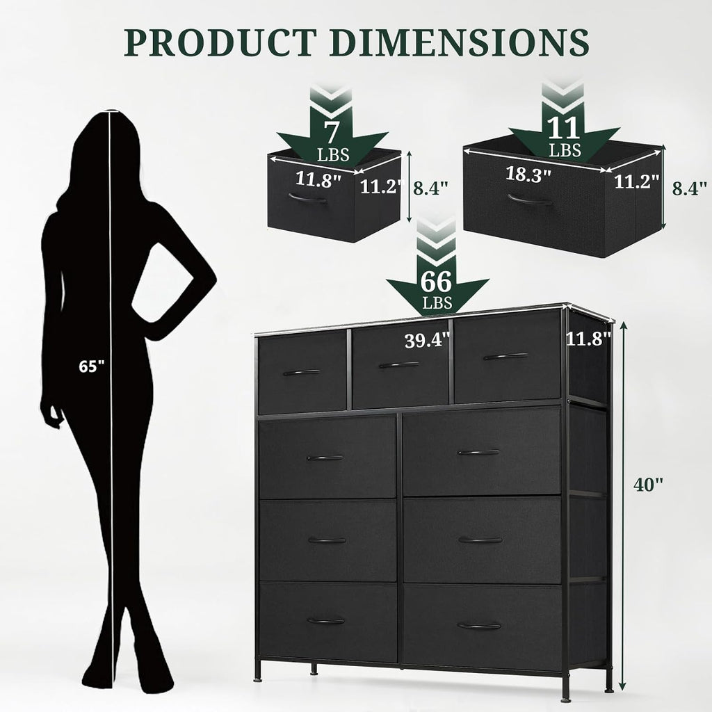 SageNest 9-Drawer Anti-Tip Dresser - Spacious Bedroom Storage Chest with Fabric Drawers for Closets & Entryways