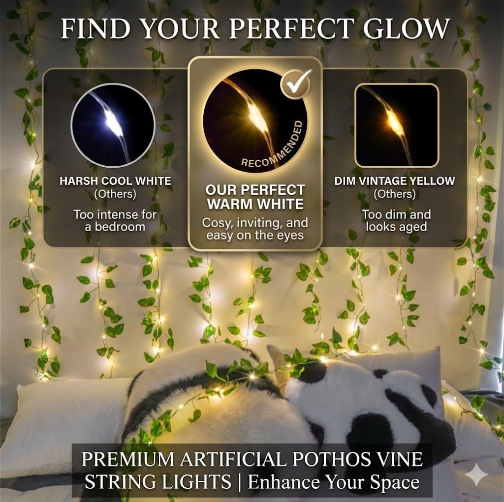 Suddus Battery-Operated Pothos Vine String Lights - 100 Warm White LEDs w/ Remote for Decor