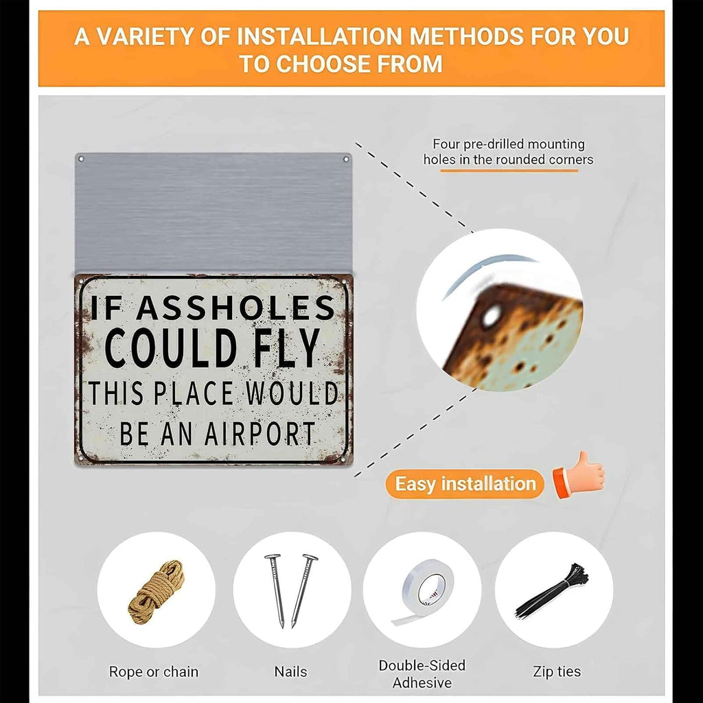 Funny Metal Wall Art - 'If Assholes Could Fly' Quote Decor for Home & Garden
