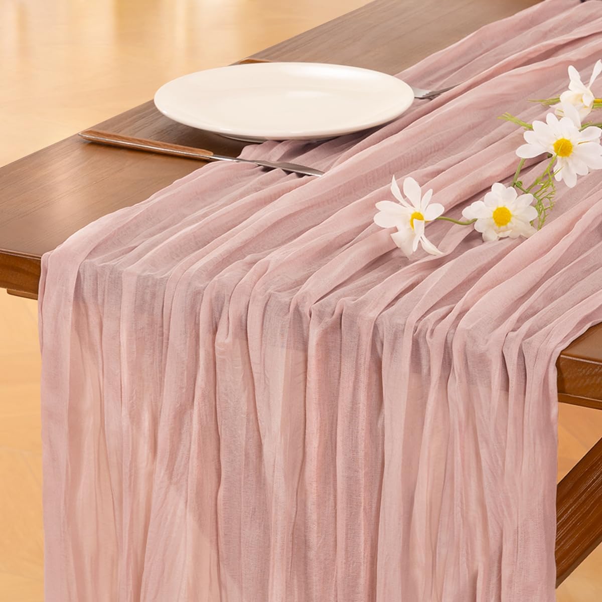 Socomi Dusty Pink Cheesecloth Table Runner 10ft - Rustic Boho Home Decor