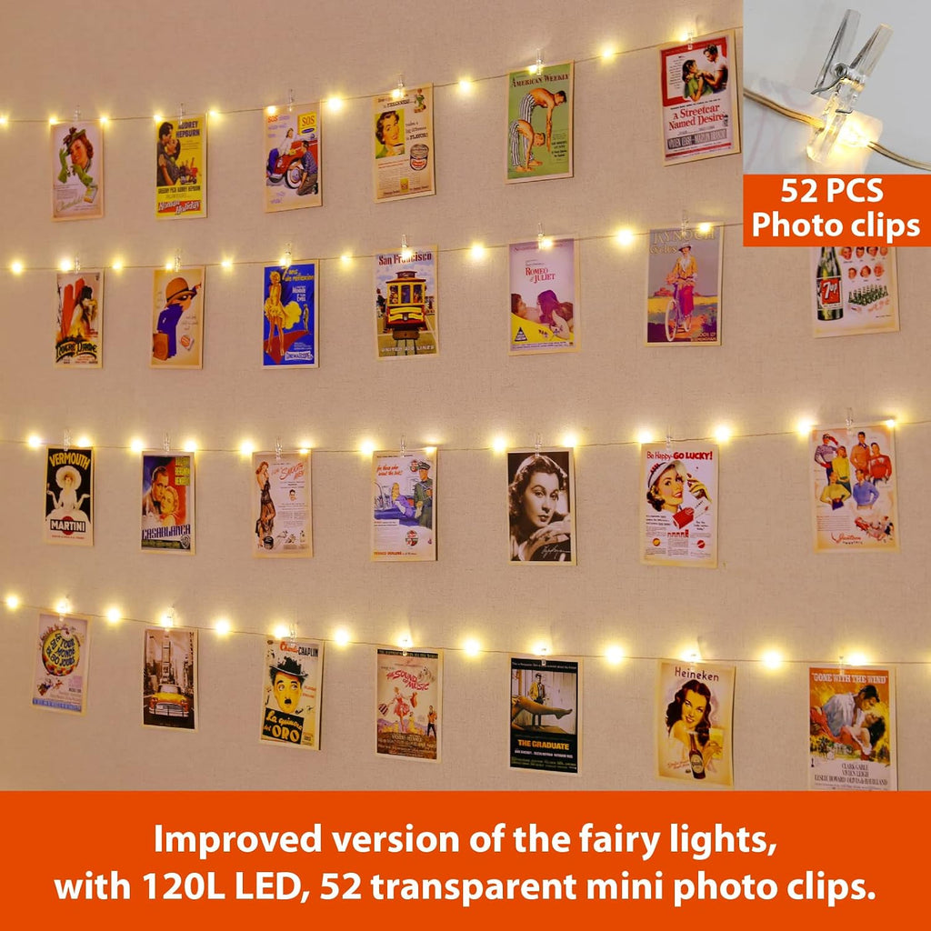 HXWEIYE 120LED Warm White 40Ft Fairy String Light w/52 Clips & Hooks - USB Powered, Waterproof, 8 Modes