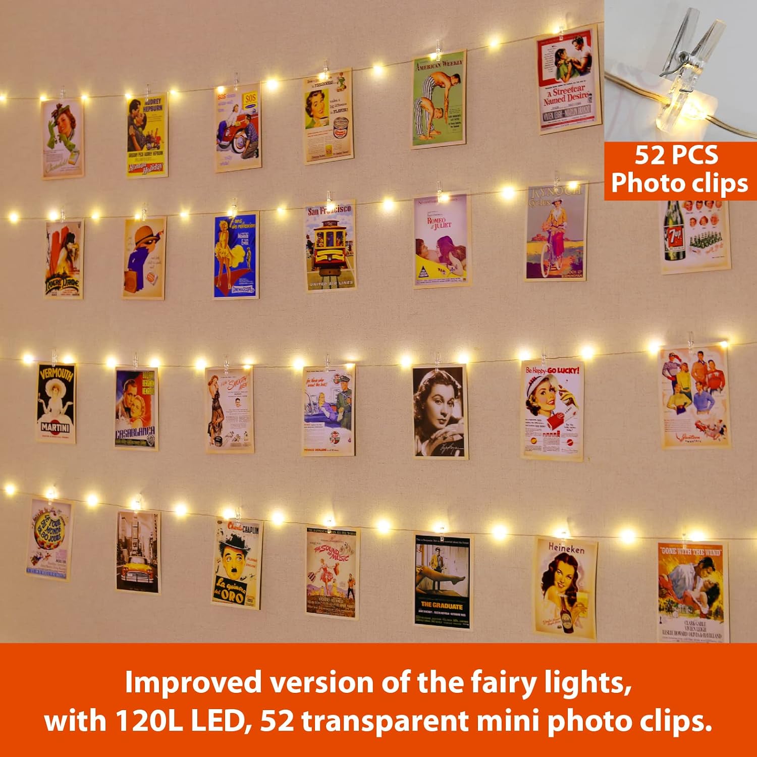 HXWEIYE 120LED Warm White 40Ft Fairy String Light w/52 Clips & Hooks - USB Powered, Waterproof, 8 Modes