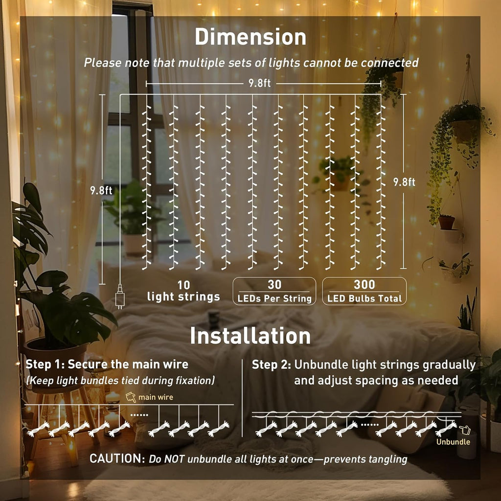 JMEXSUSS 300 LED Remote Control Indoor Outdoor Curtain Lights - Warm White