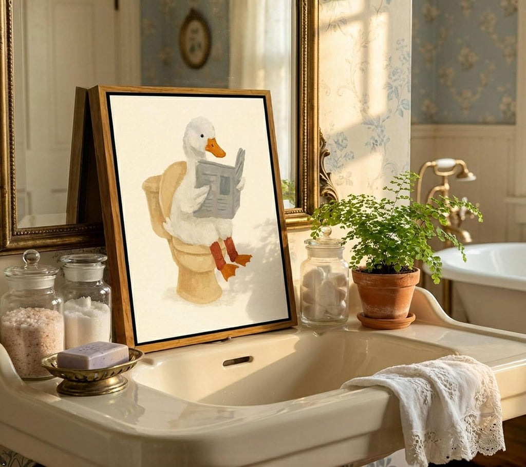 Funny Bathroom Wall Art: Goose Reading Newspaper Framed Canvas Print (8x10in)