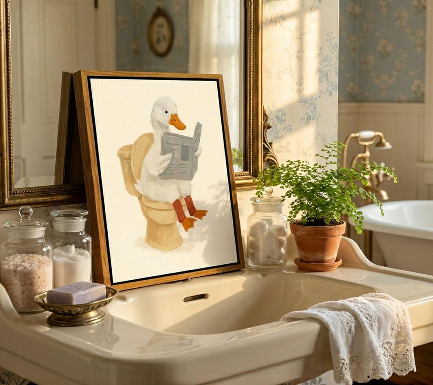 Funny Bathroom Wall Art: Goose Reading Newspaper Framed Canvas Print (8x10in)
