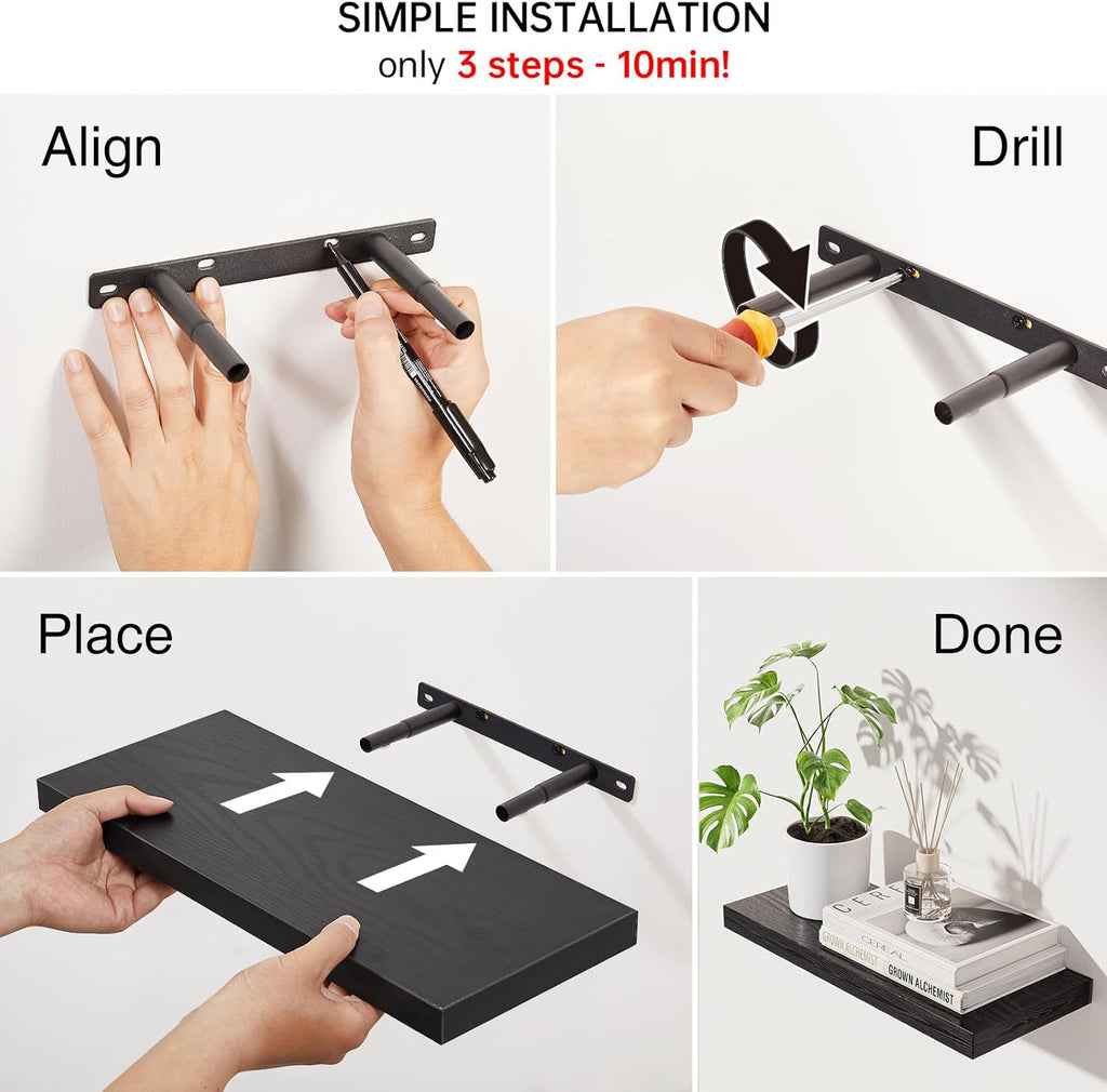 BAYKA Rustic Floating Shelves for Bathroom & Bedroom - 3-Pack Black, 22lb Capacity