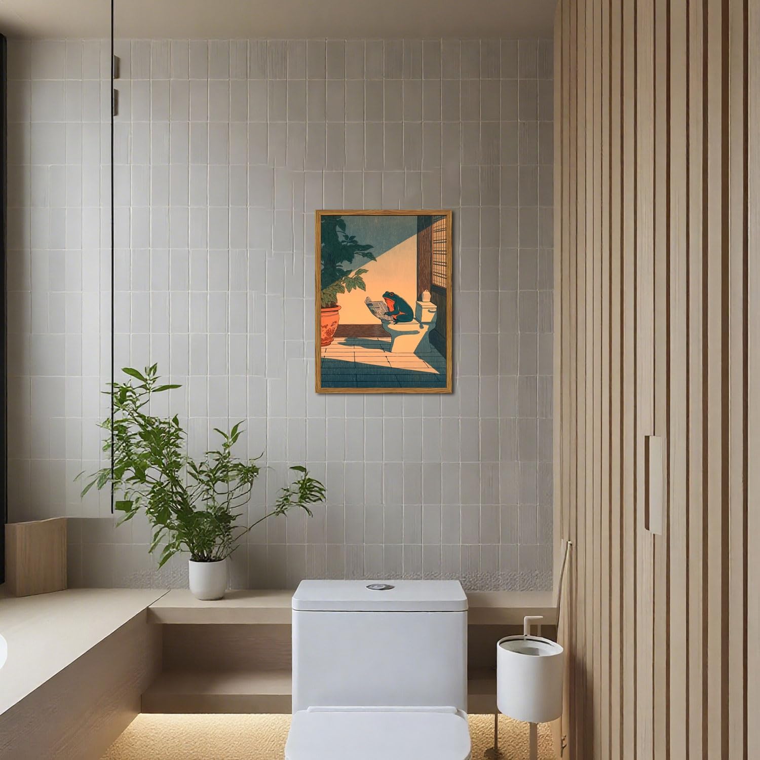 YYNISPIN Funny Frog Bathroom Wall Art - Cute Japanese Frog on Toilet Decor, 12x16 Framed Canvas Print