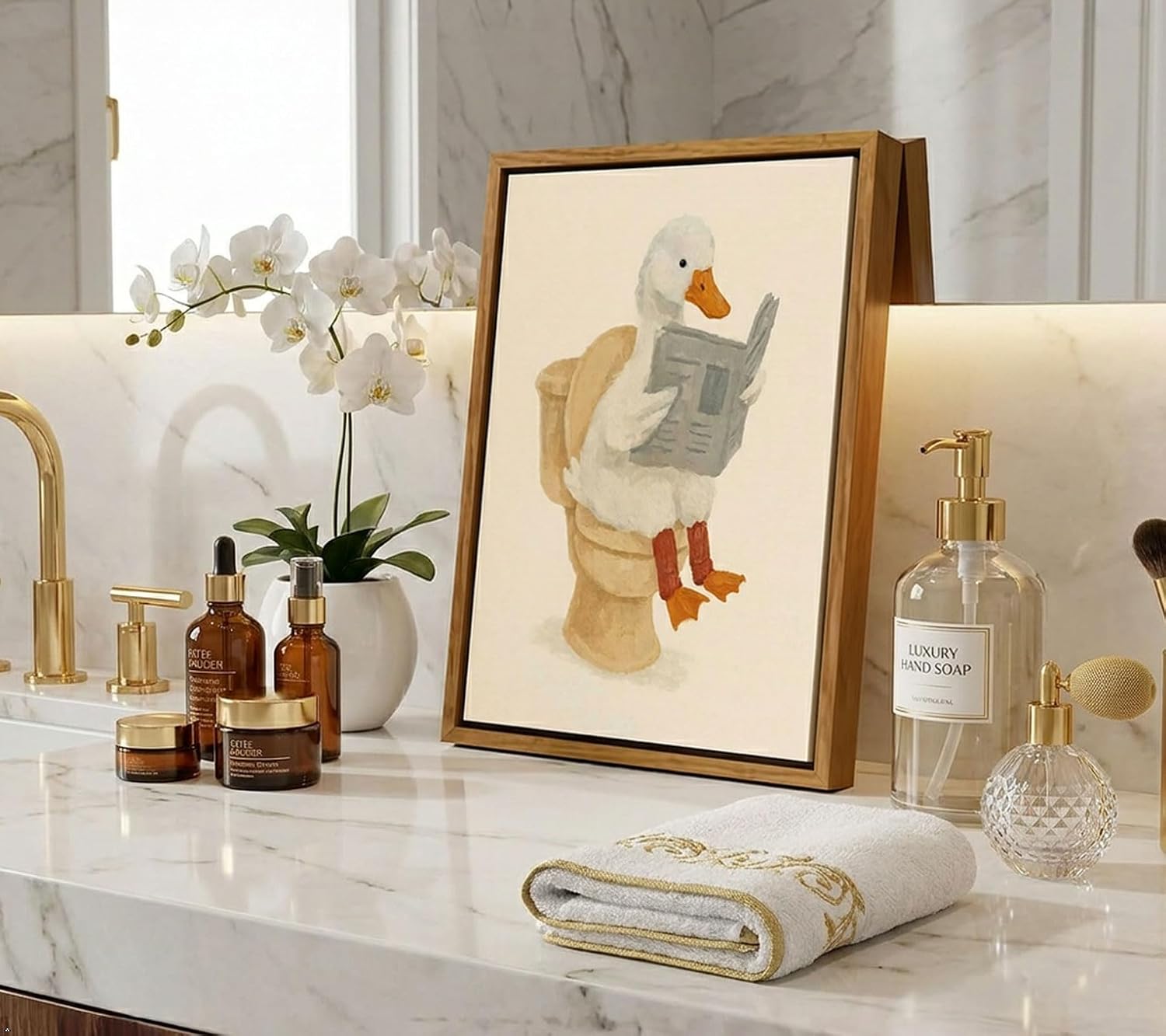 Funny Bathroom Wall Art: Goose Reading Newspaper Framed Canvas Print (8x10in)