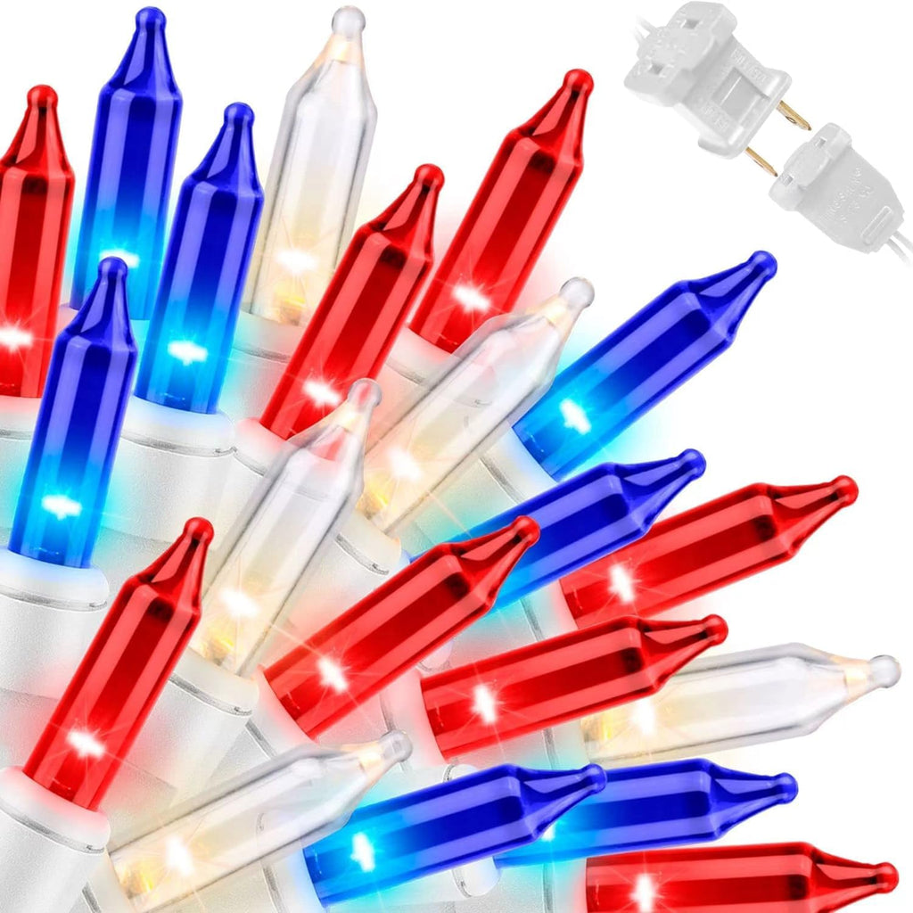 LAMPHOME 100-Count Red White Blue Patriotic String Lights - 19.6ft Waterproof 4th of July Decor