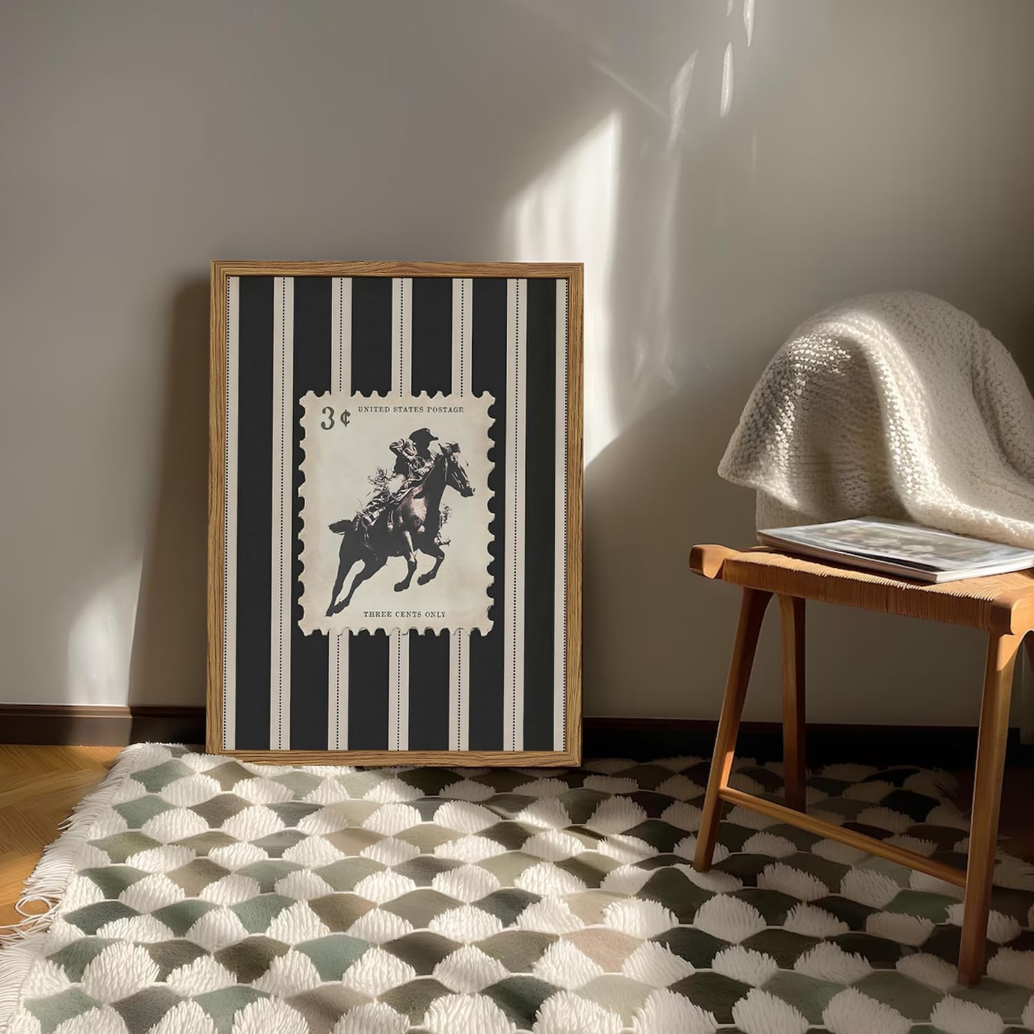 Vintage Western Cowboy Wall Art - Black & White Striped Framed Canvas Print (12x16)