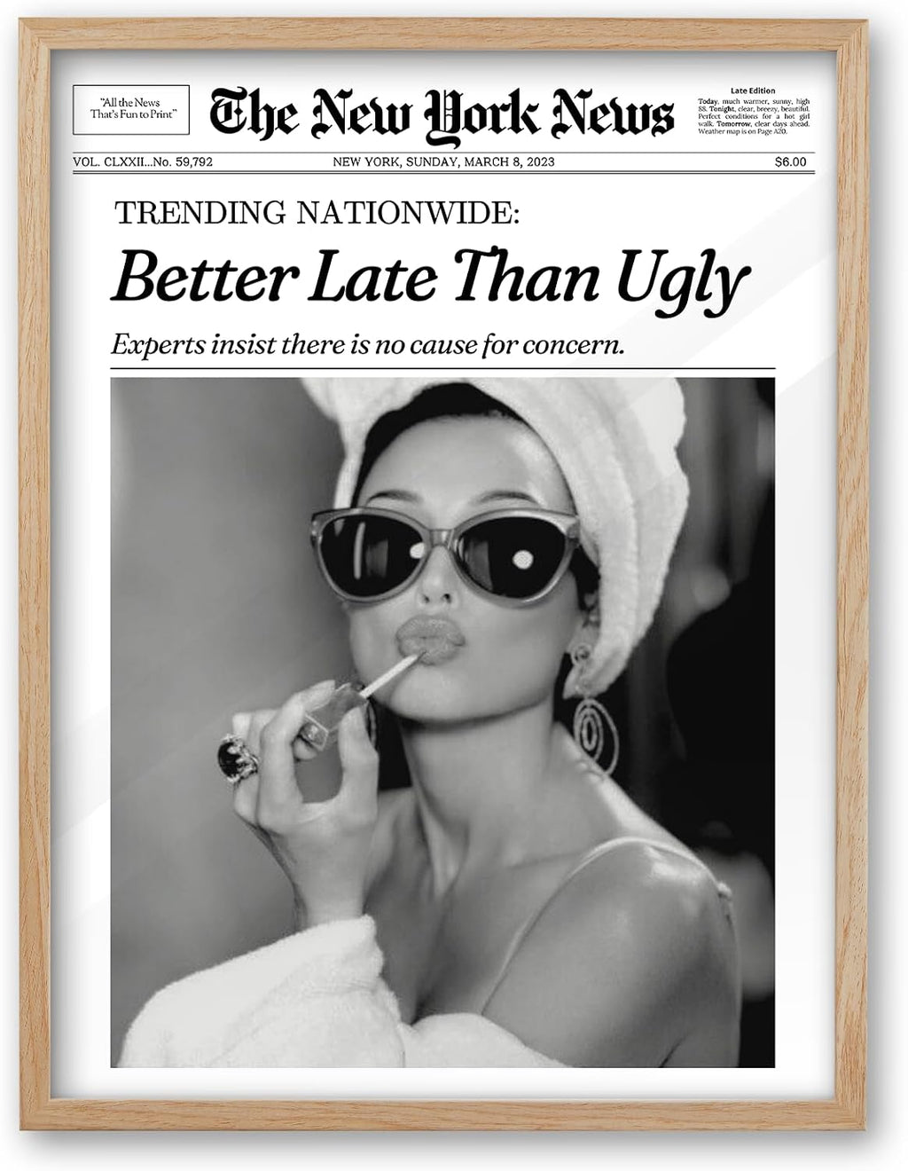 iHery Audrey Hepburn 'Better Late Than Ugly' Vintage Print Wall Art - Natural Oak Frame 12x16