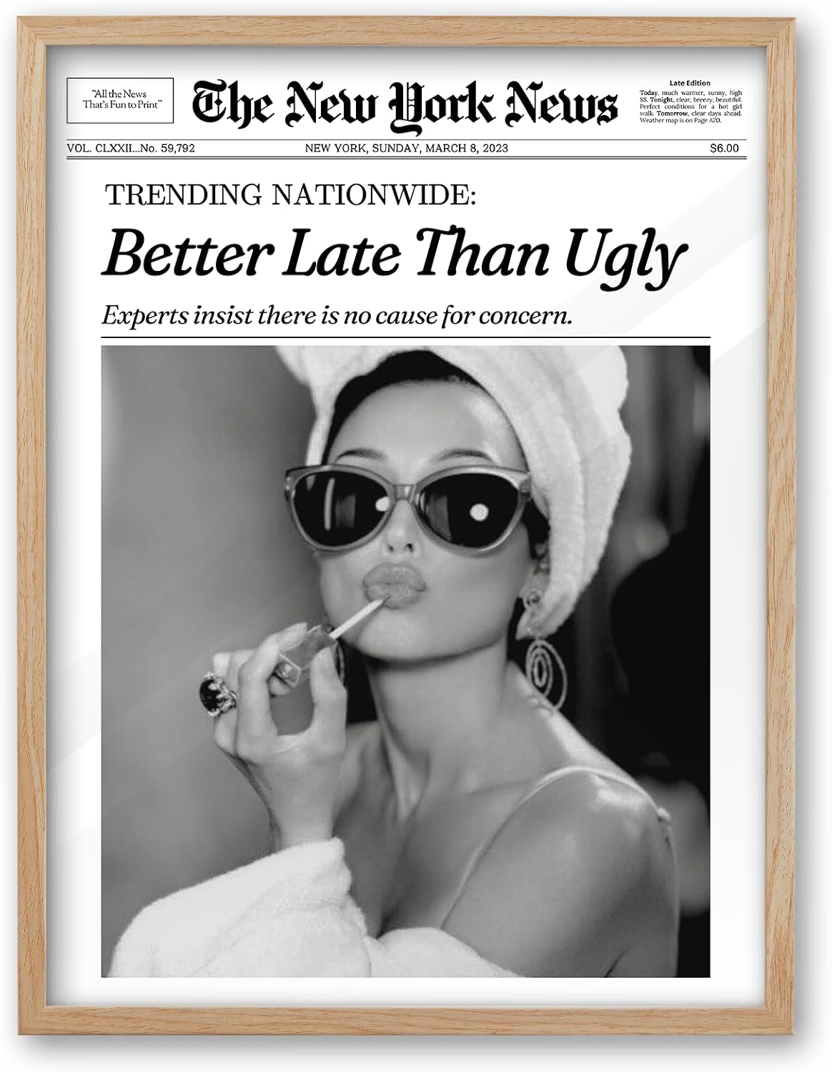 iHery Audrey Hepburn 'Better Late Than Ugly' Vintage Print Wall Art - Natural Oak Frame 12x16