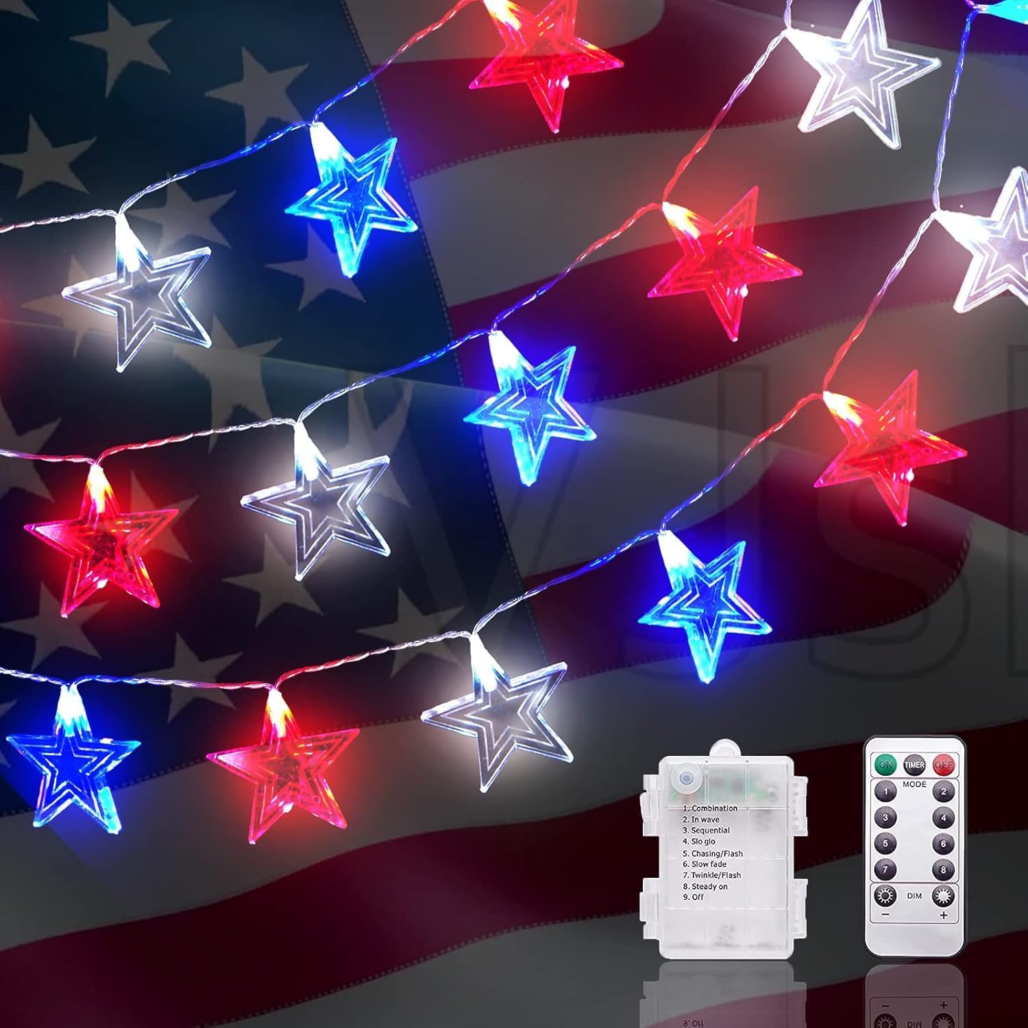 Dirnun 40-LED Red White Blue Star String Lights - 4th of July Patriotic Decor with Remote