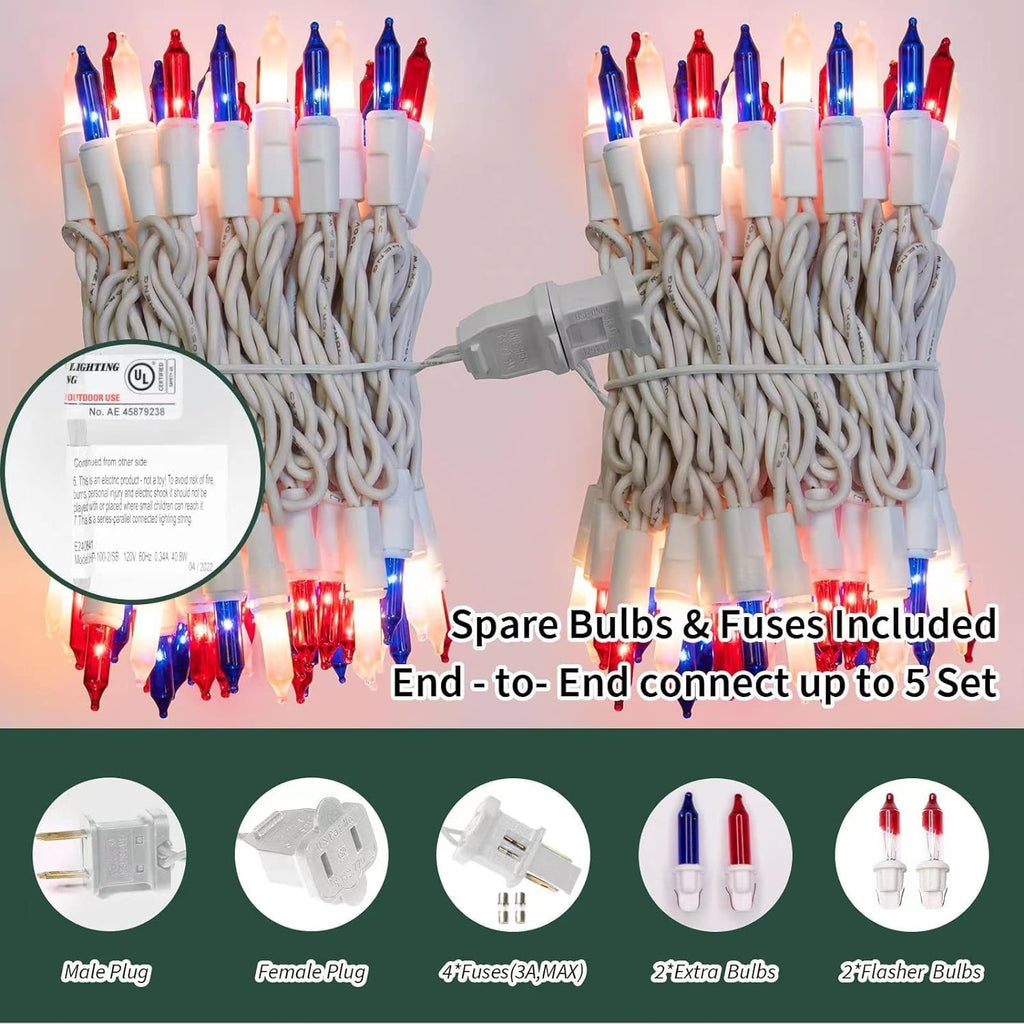 LAMPHOME 100-Count Red White Blue Patriotic String Lights - 19.6ft Waterproof 4th of July Decor