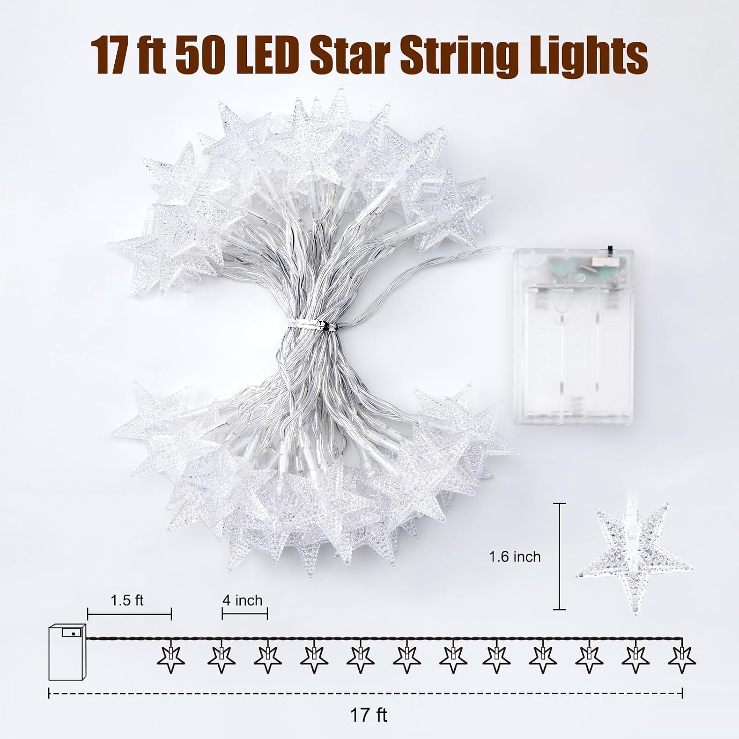 Minetom 17ft 50-LED Battery Timer Star Fairy String Lights for Indoor Outdoor Decor