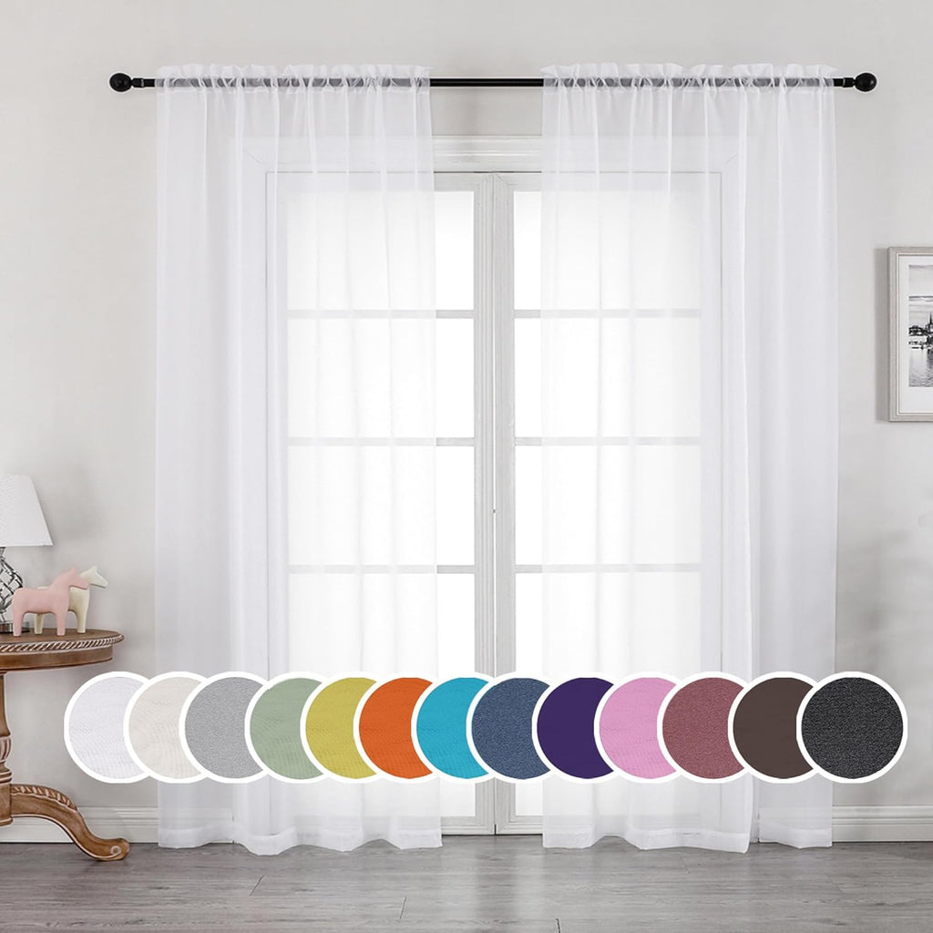 OWENIE White Sheer Curtains 84" Long 2 Panels - Rod Pocket Voile Drapes