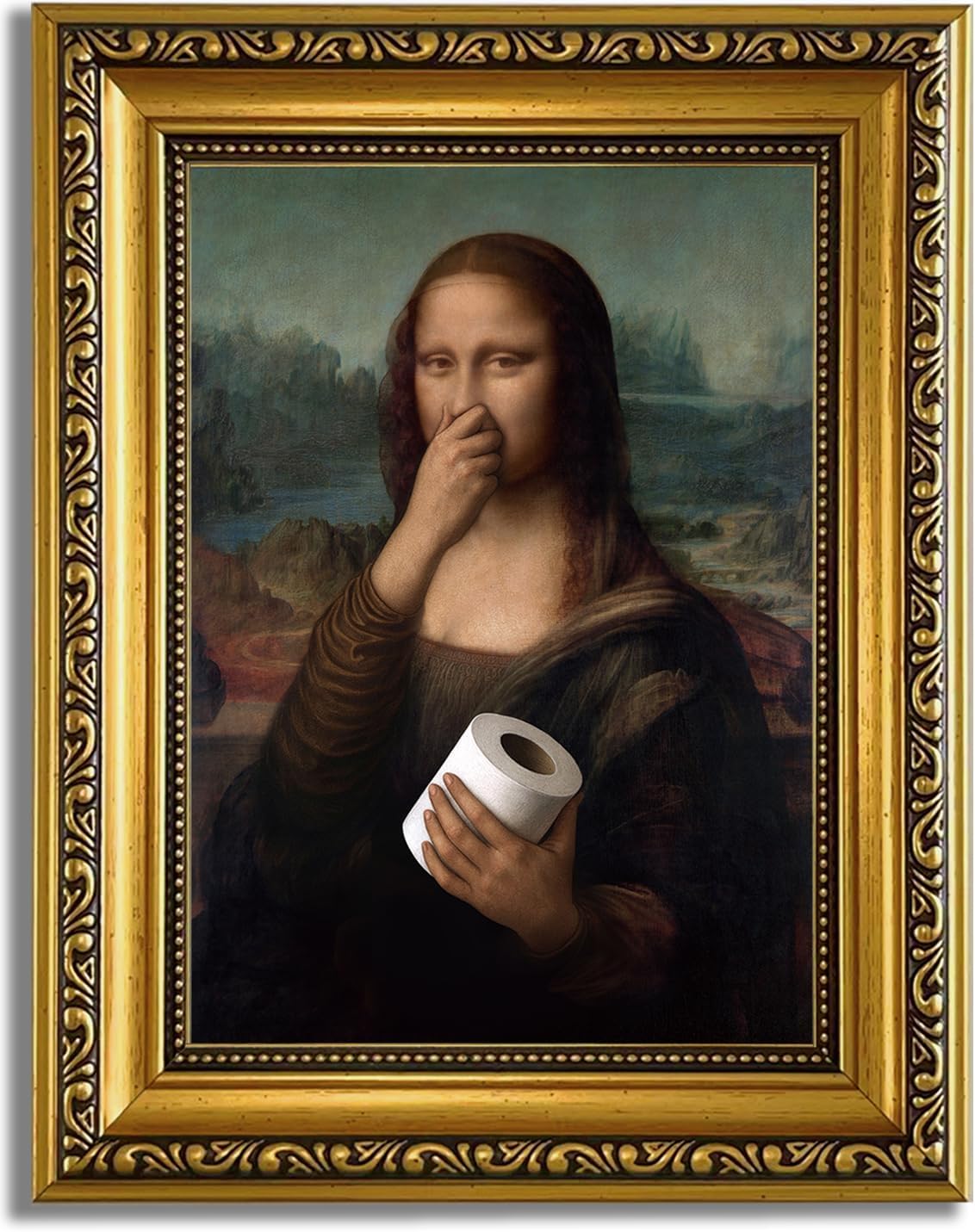 YD&YZY Humorous Gold Framed Bathroom Wall Art - Mona Lisa Pinching Nose Toilet Decor 8x10 inch