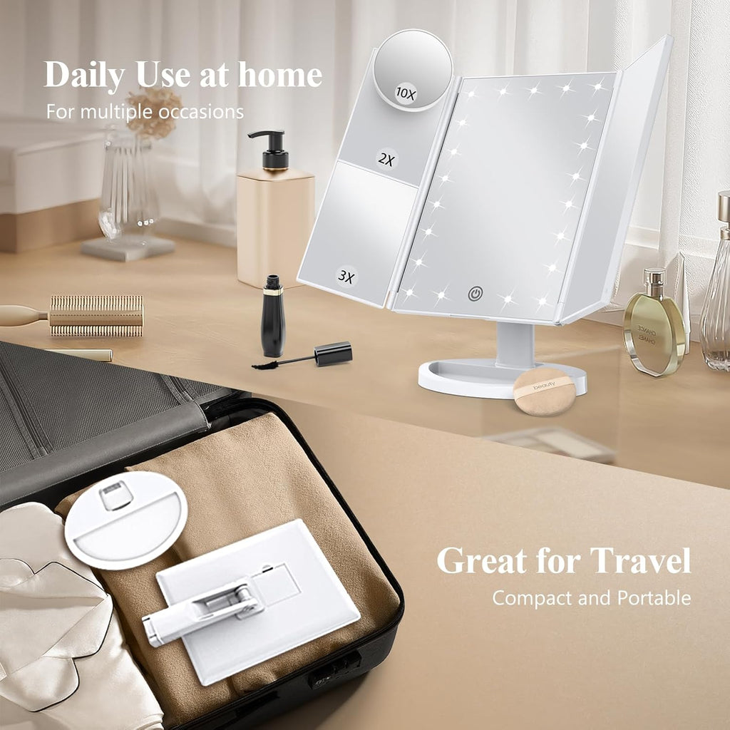 HUONUL Lighted Makeup Mirror - 2X/3X/10X Magnification, Trifold, Dual Power