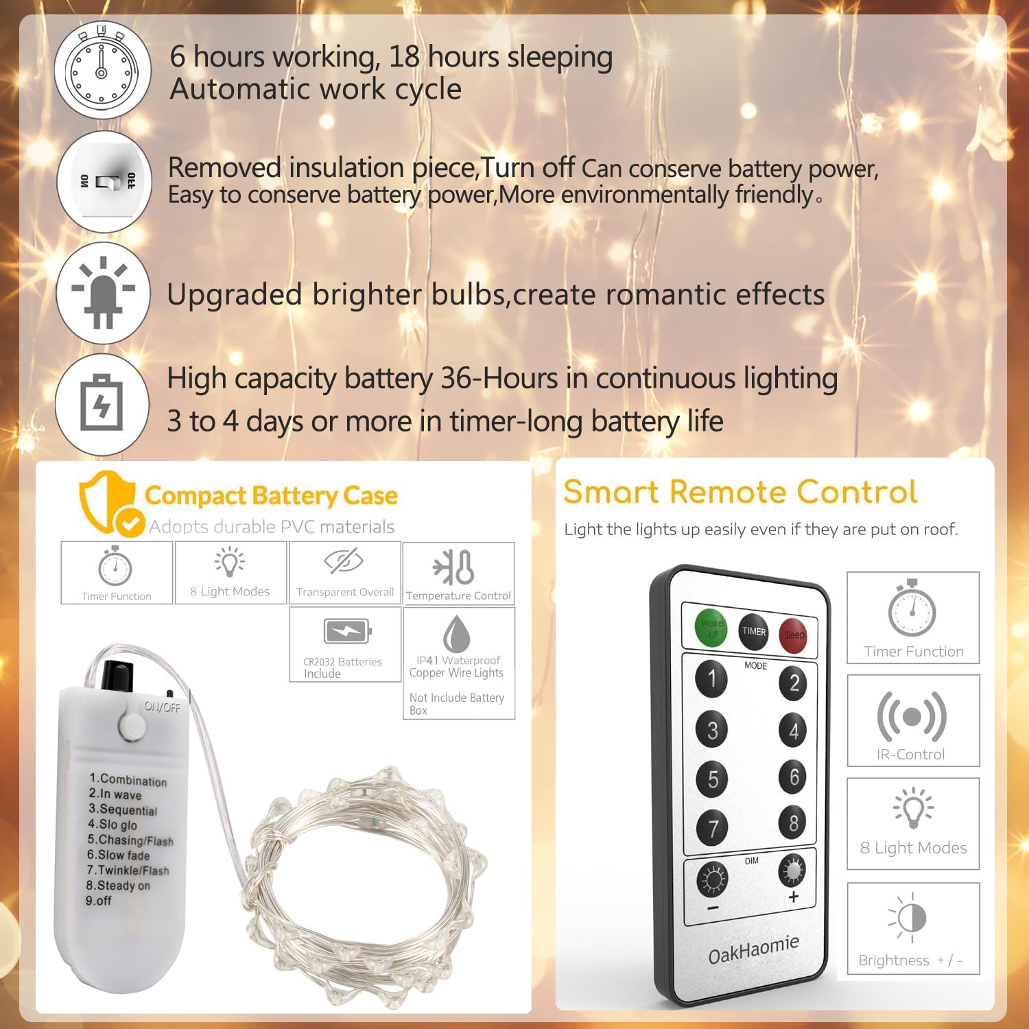 OakHaomie 6-Pack Battery Fairy Lights w/Remote Timer - Waterproof Warm White Twinkle String Lights