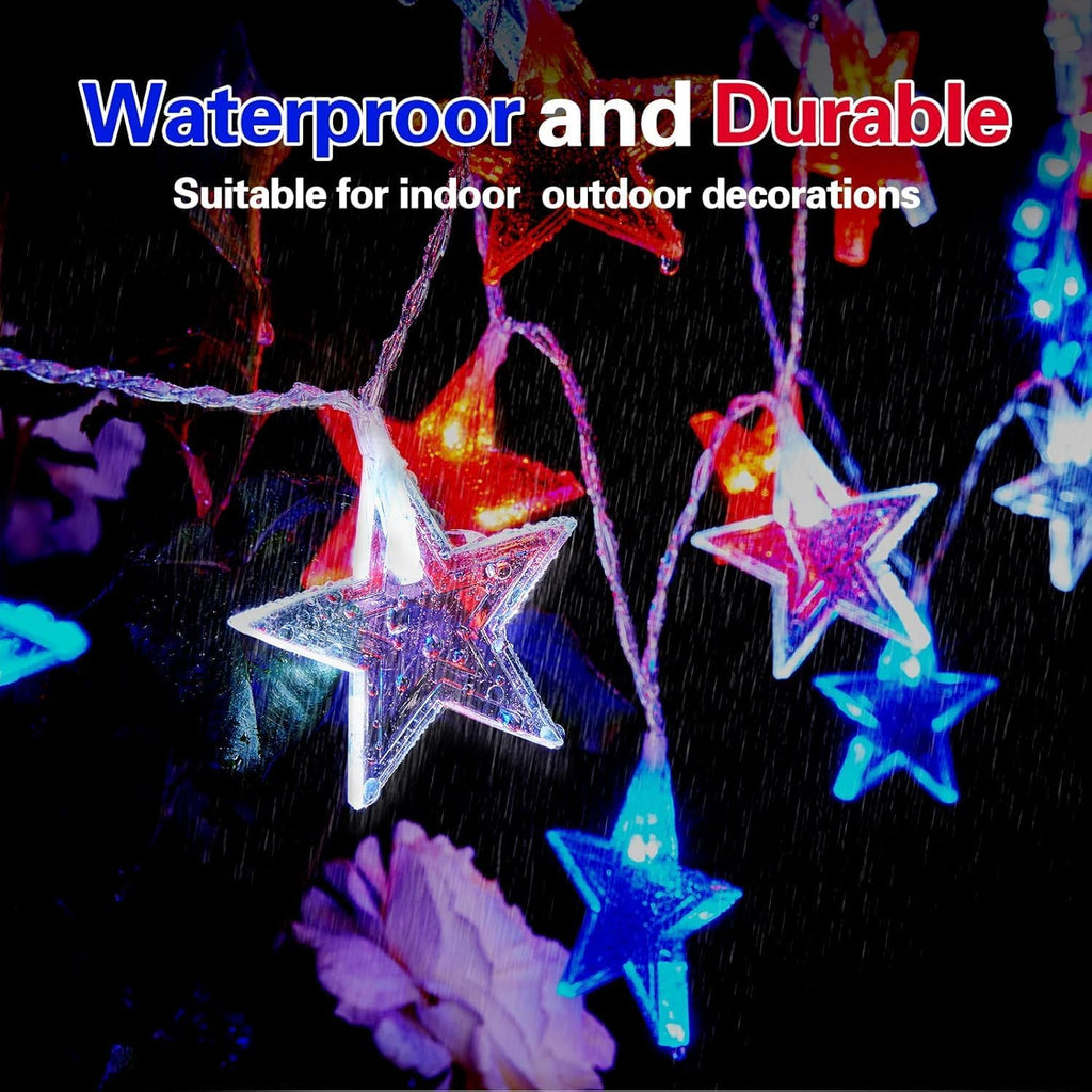 Dirnun 40-LED Red White Blue Star String Lights - 4th of July Patriotic Decor with Remote