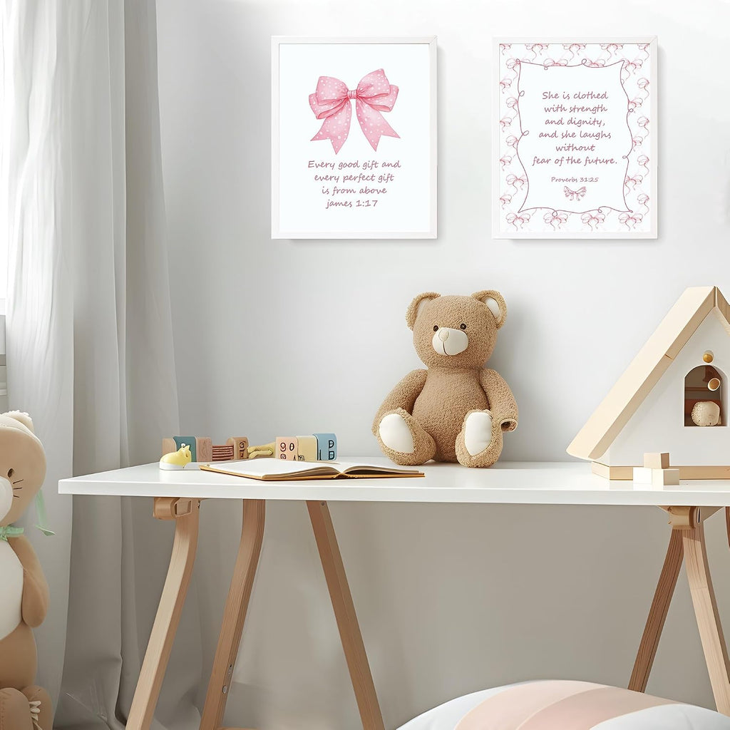 LARTSFRO Pink Bow Jesus Wall Art for Teen Girls - Set of 4 Unframed 8x10 Prints