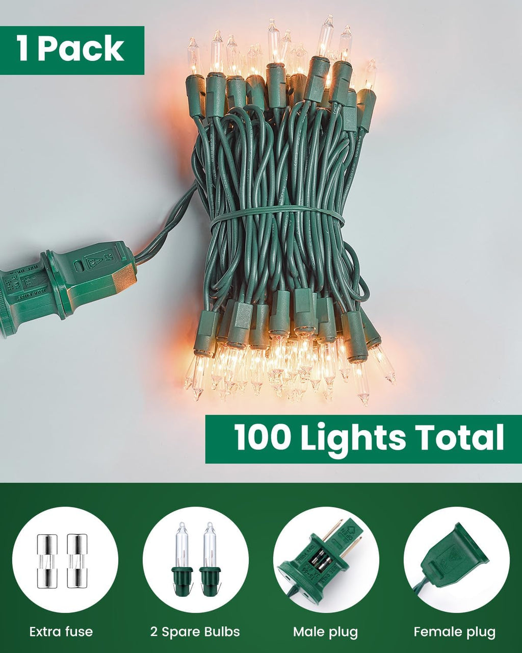 Minetom 100 Clear Christmas String Lights Green Wire - Indoor Outdoor Festive Decor