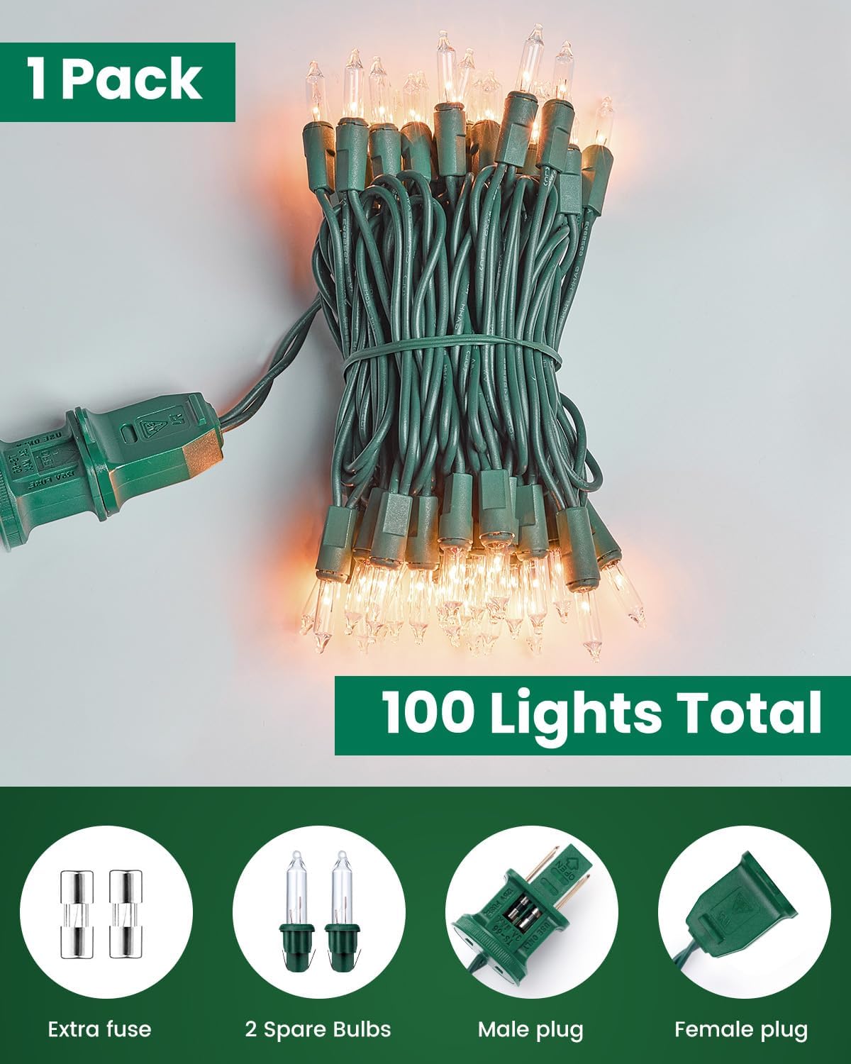 Minetom 100 Clear Christmas String Lights Green Wire - Indoor Outdoor Festive Decor