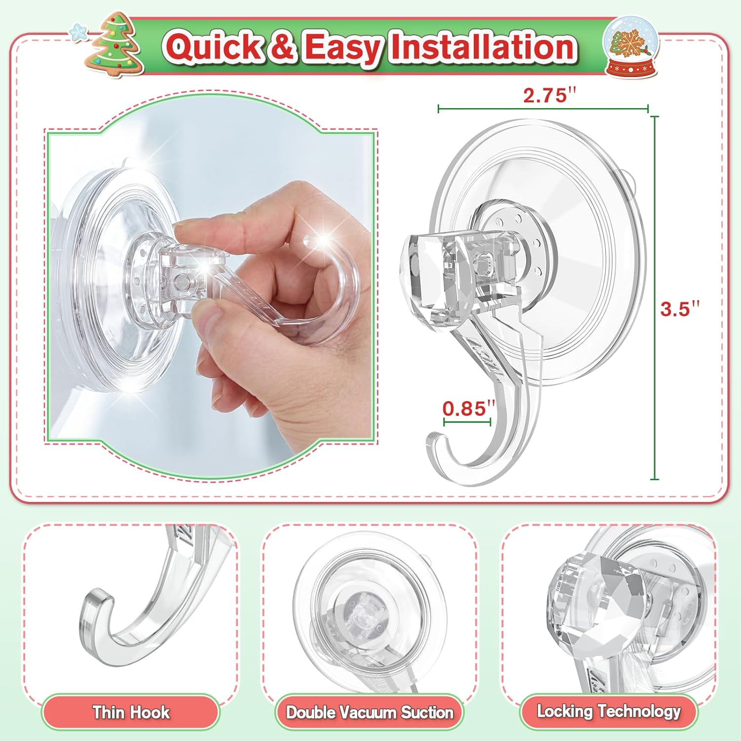 VIS'V Heavy Duty Clear Suction Wreath Hangers - 22 lb Capacity, 2 Pack