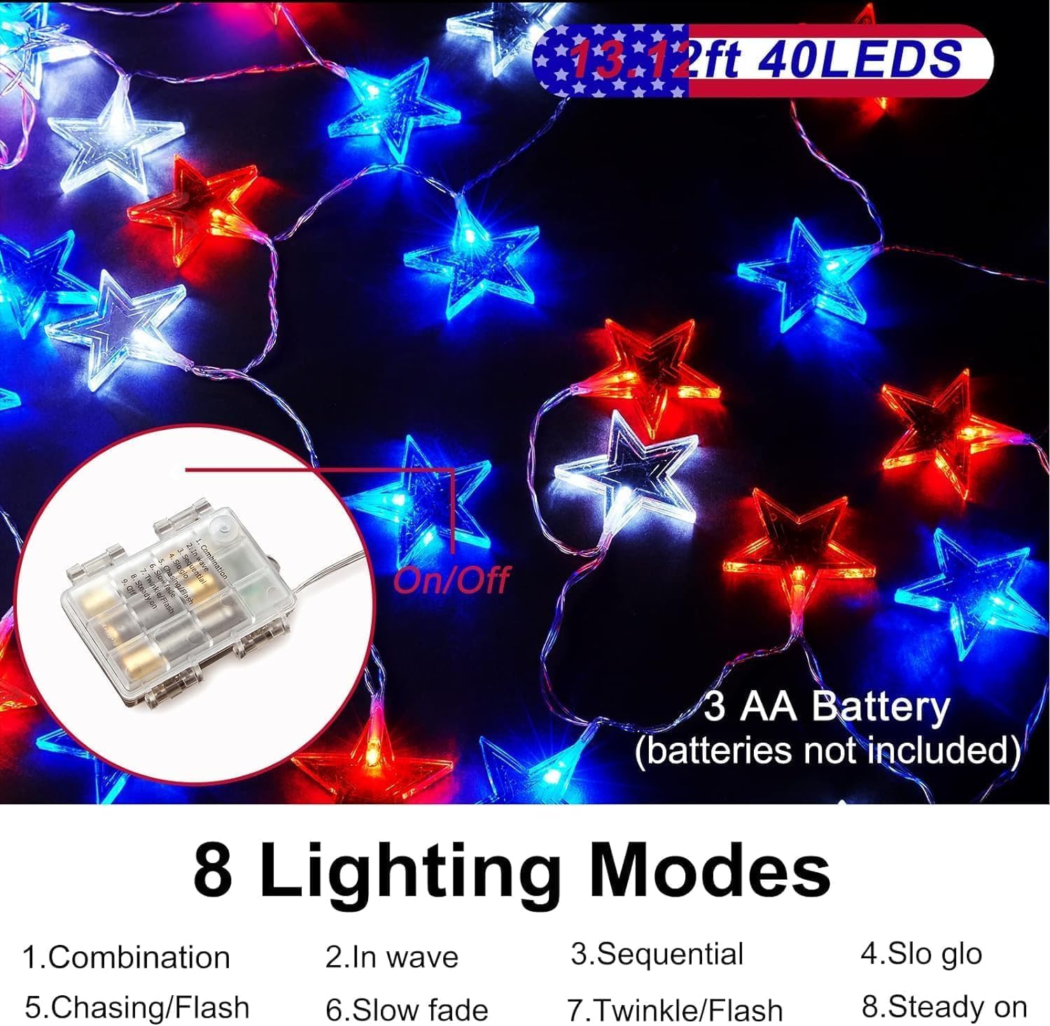 Dirnun 40-LED Red White Blue Star String Lights - 4th of July Patriotic Decor with Remote