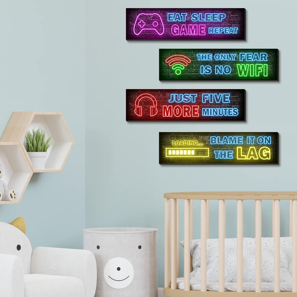4-Piece Neon Gaming Wall Posters for Teen Boys' Rooms - Gamer Decor Set by Simimi Art