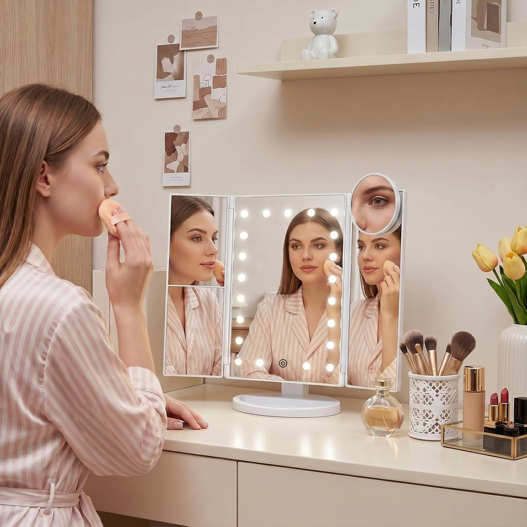 HUONUL Lighted Makeup Mirror - 2X/3X/10X Magnification, Trifold, Dual Power