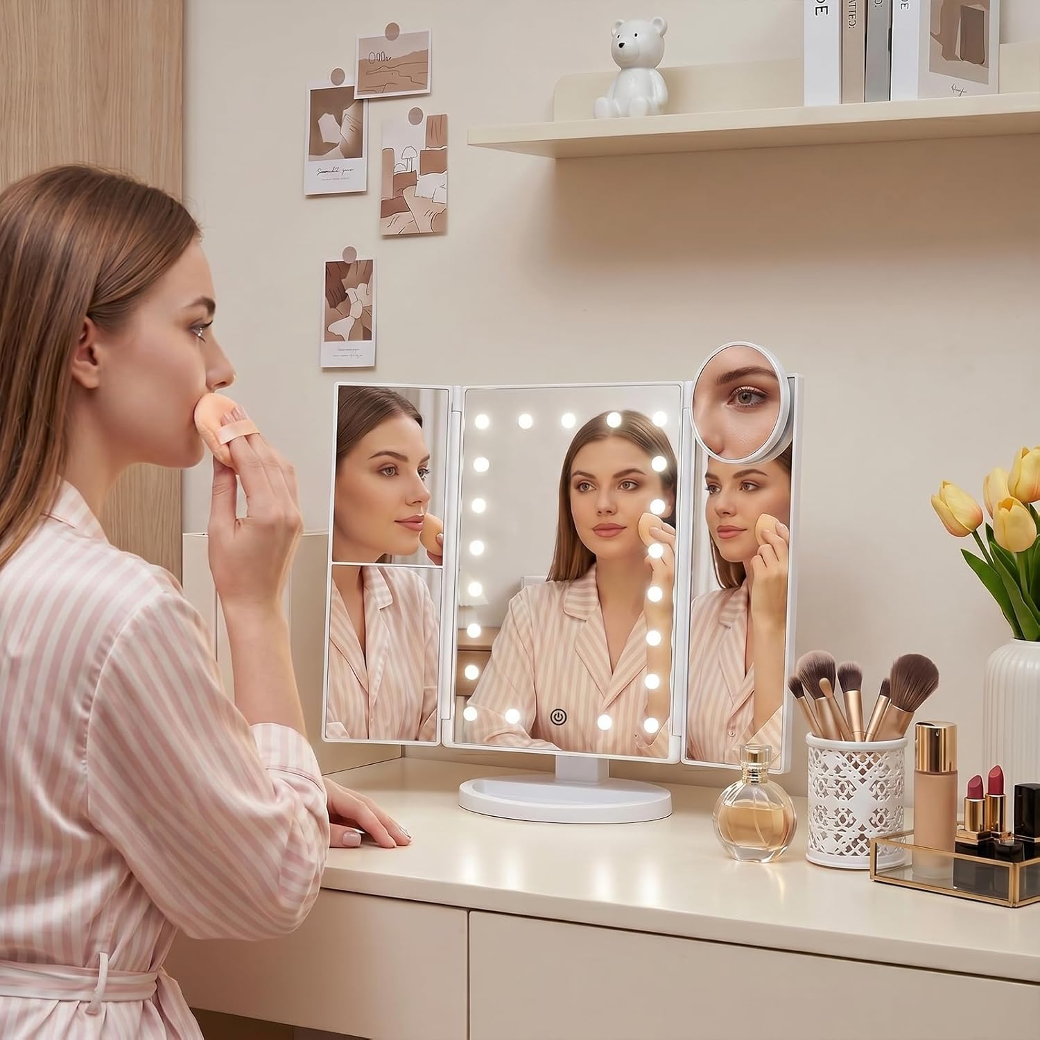 HUONUL Lighted Makeup Mirror - 2X/3X/10X Magnification, Trifold, Dual Power