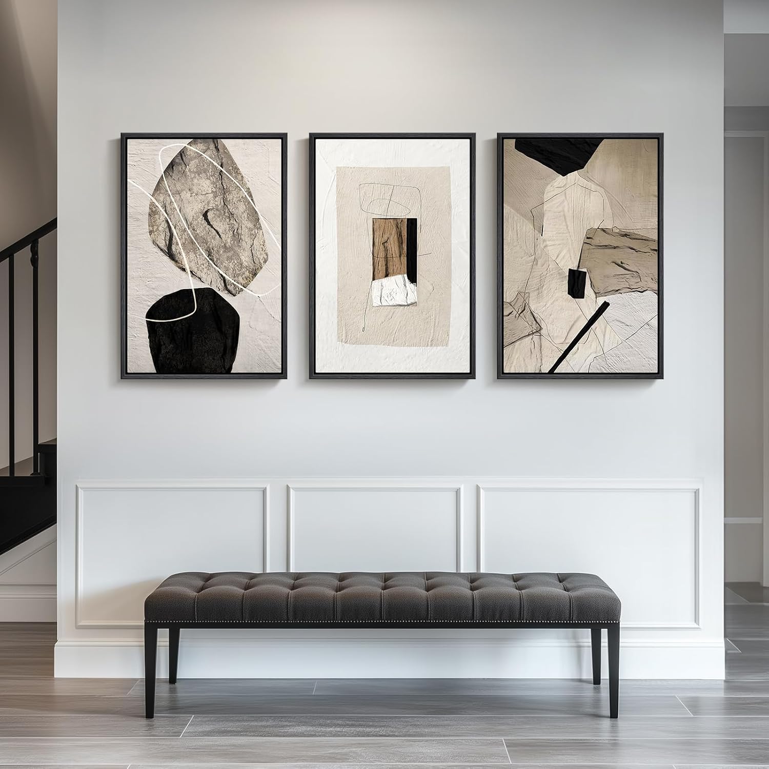 Large Framed Neutral Abstract Wall Art Set for Living Room - 3 Piece Canvas Prints (24x36 Inch)
