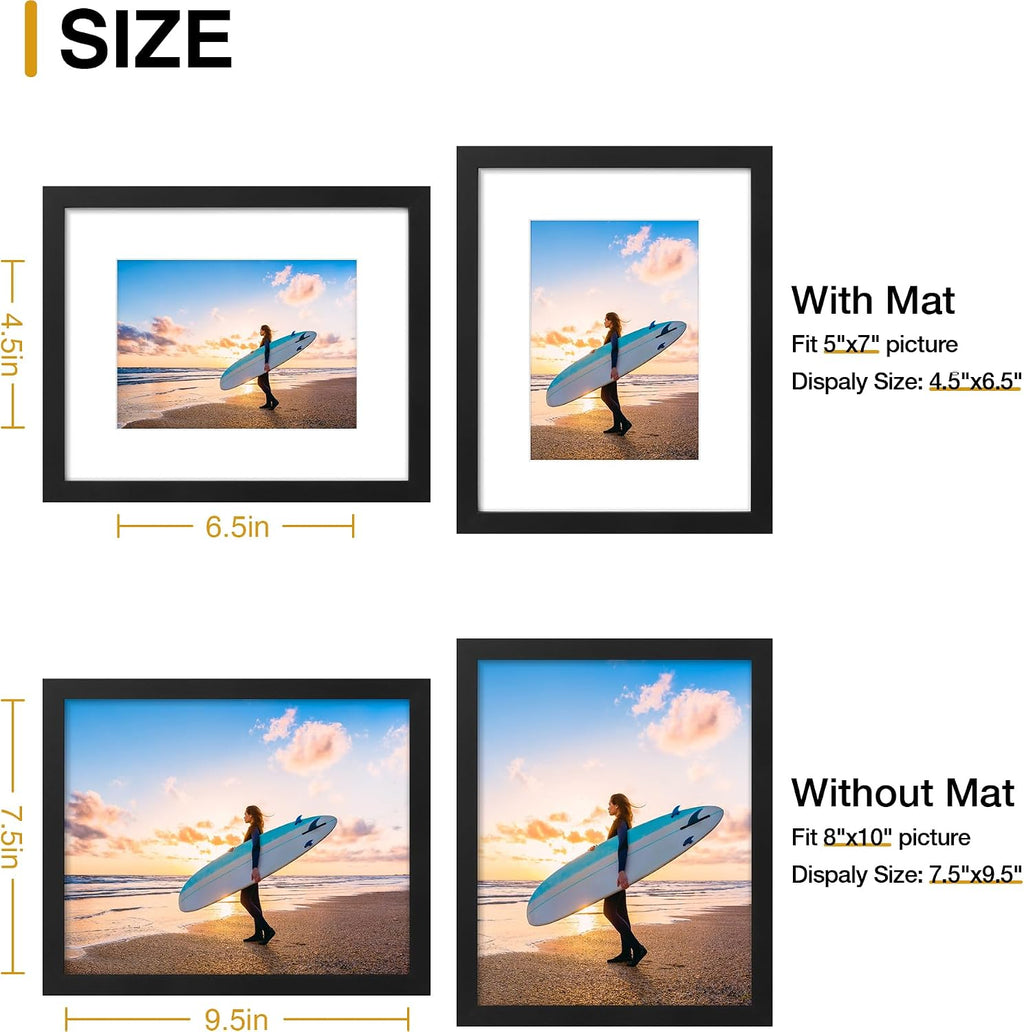 decorUhome Black 8x10 Picture Frame - Holds 5x7 Matted Photos for Wall/Tabletop Display
