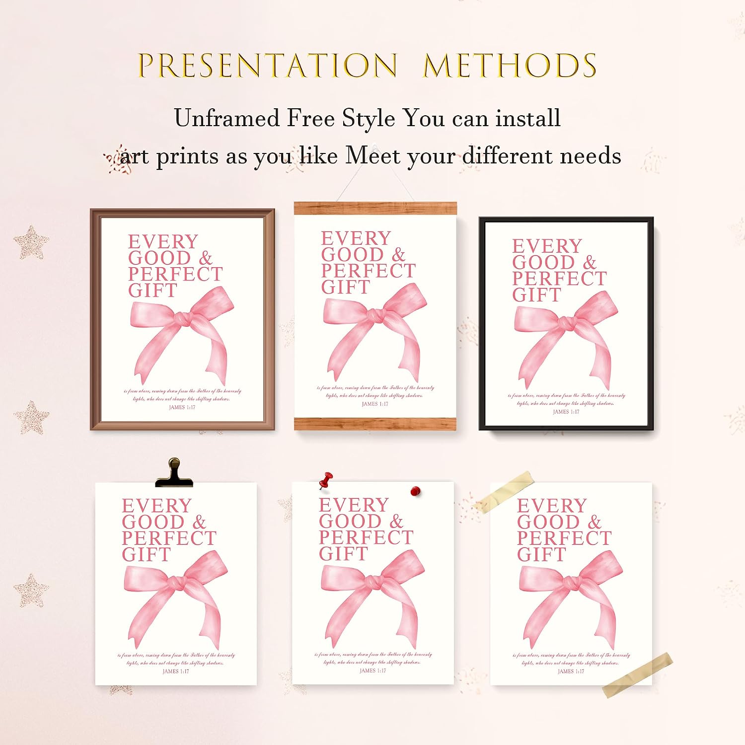 LARTSFRO Pink Bow Christian Wall Art Set - 8x10 Inch Unframed Prints for Girls Room Decor
